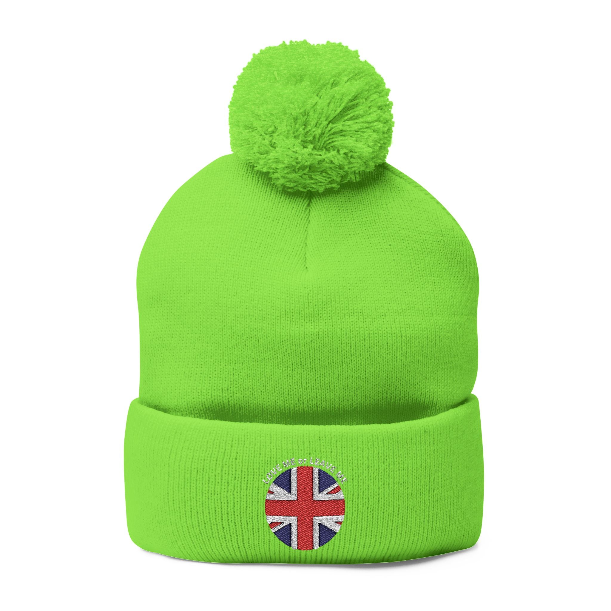 British Union Jack Love me or Leave me Cozy Pom-Pom Knit Cap for Winter Days, Embroidered Beanie, Unisex Winter Hat, Gift for Him/Her, Stylish Cold Weather Accessory