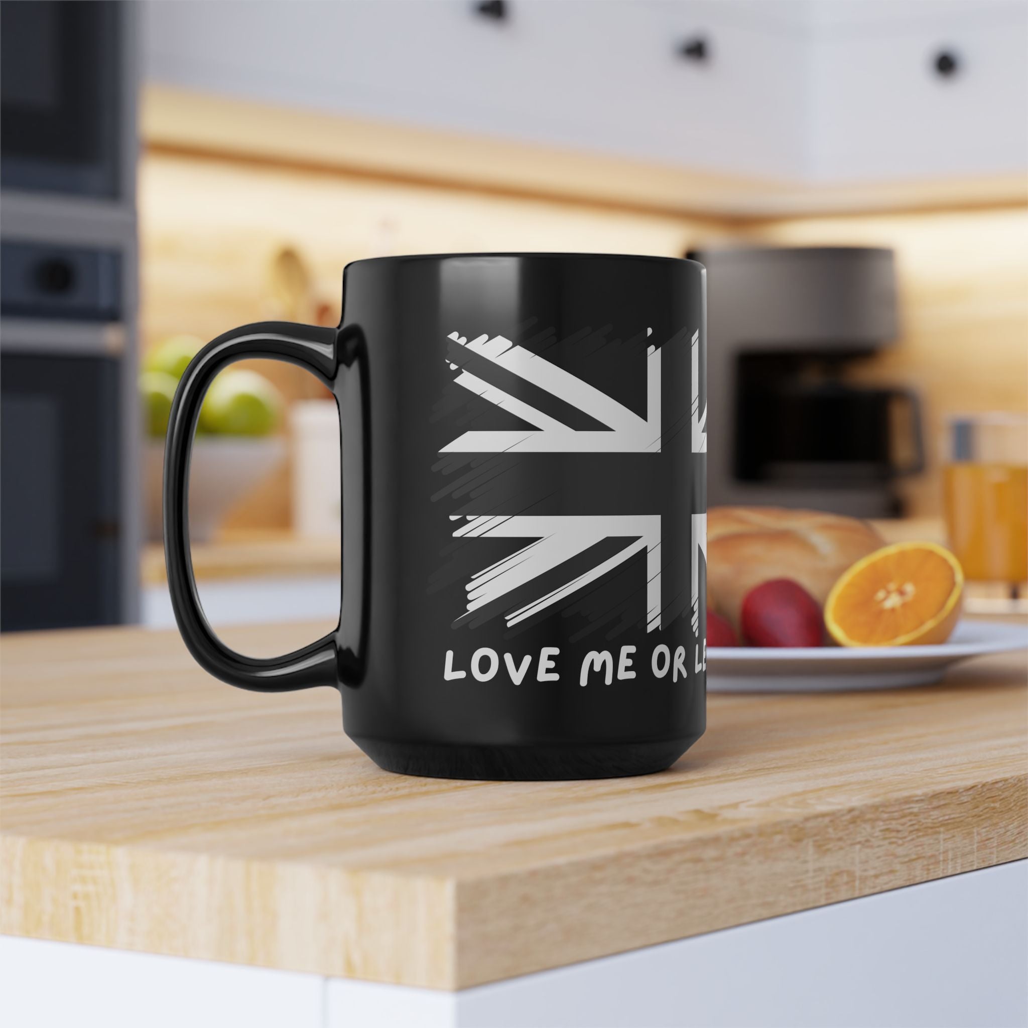 Patriotic British Love me or leave me , 15oz Urban Style Black Mug with Union Jack design