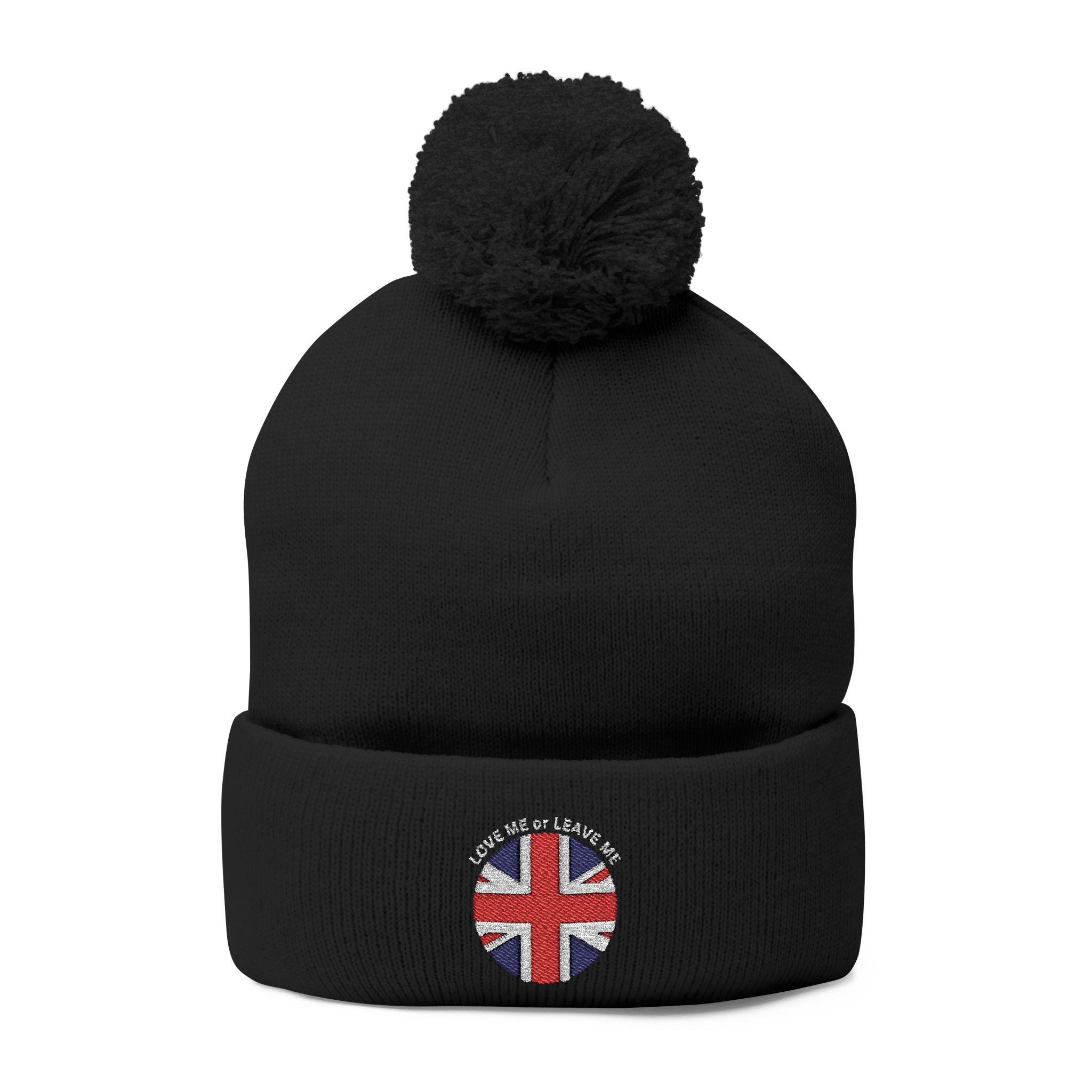 British Union Jack Love me or Leave me Cozy Pom-Pom Knit Cap for Winter Days, Embroidered Beanie, Unisex Winter Hat, Gift for Him/Her, Stylish Cold Weather Accessory
