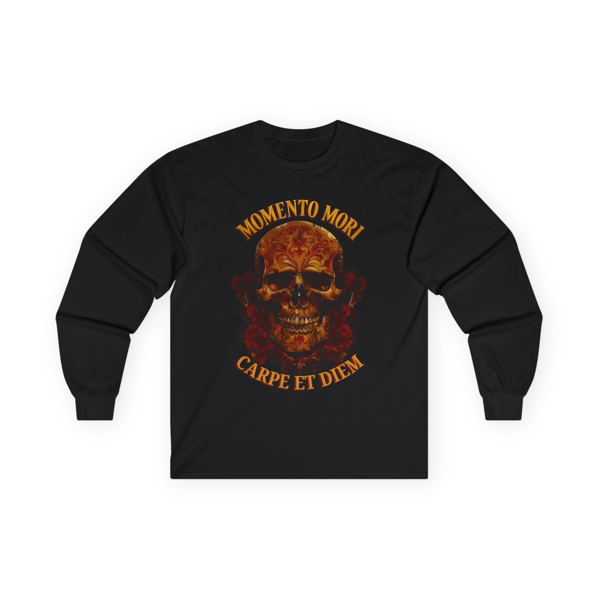 Skull Graphic Long Sleeve Tee, Momento Mori Quote Shirt, Gothic Fashion Top, Unisex Casual Wear, Halloween Apparel, Edgy Gift