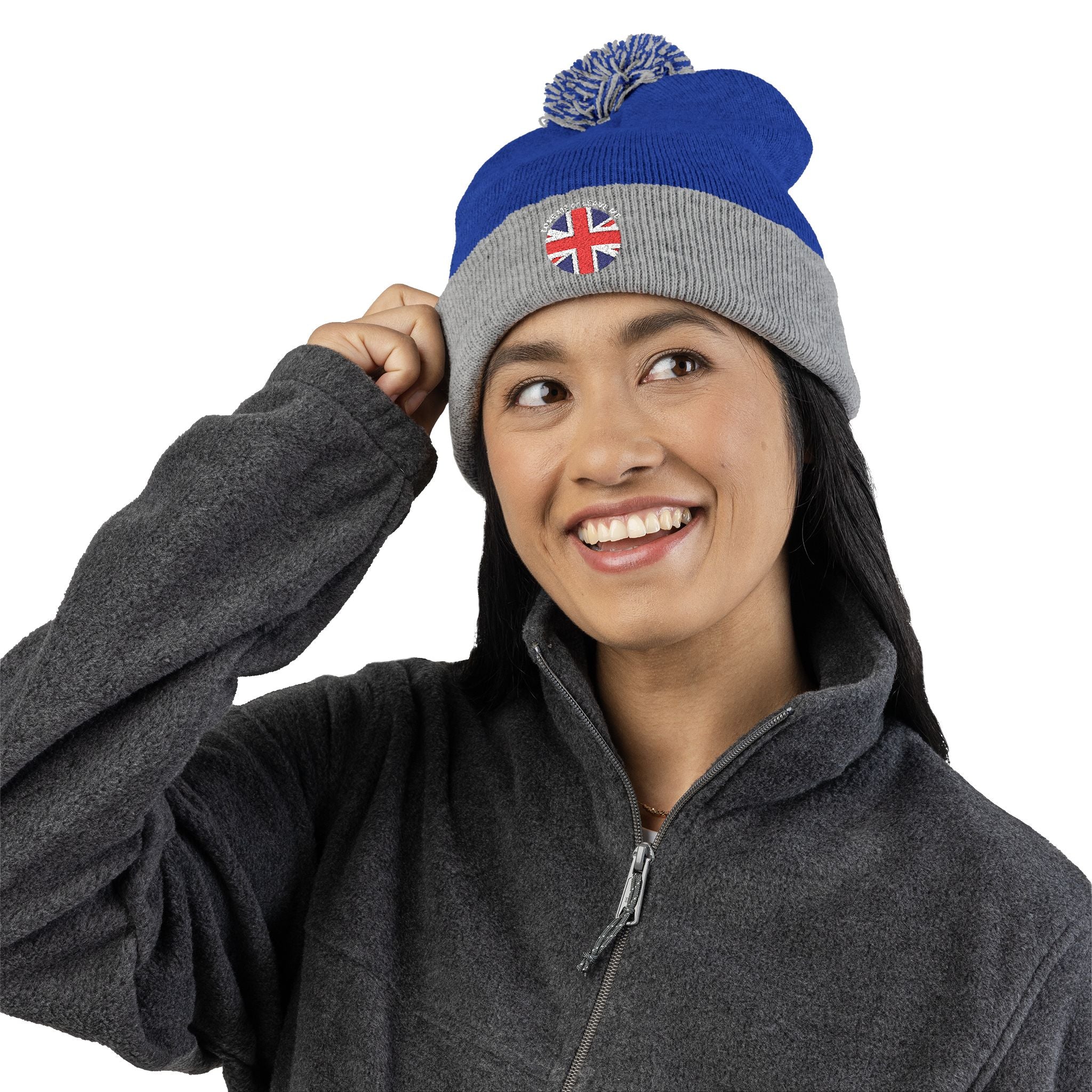 British Union Jack Love me or Leave me Cozy Pom-Pom Knit Cap for Winter Days, Embroidered Beanie, Unisex Winter Hat, Gift for Him/Her, Stylish Cold Weather Accessory