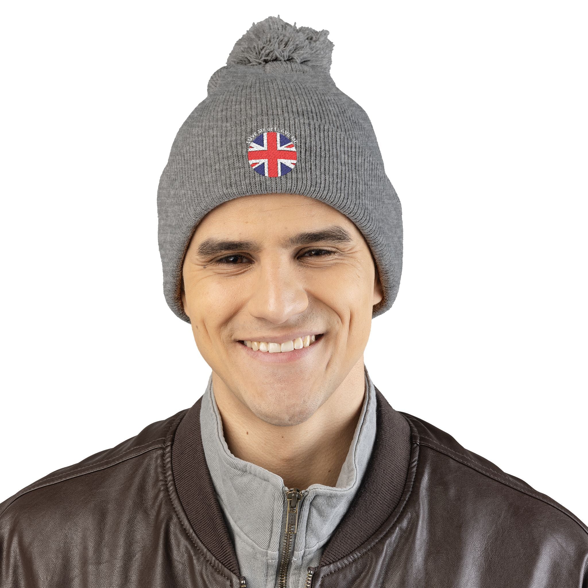 British Union Jack Love me or Leave me Cozy Pom-Pom Knit Cap for Winter Days, Embroidered Beanie, Unisex Winter Hat, Gift for Him/Her, Stylish Cold Weather Accessory