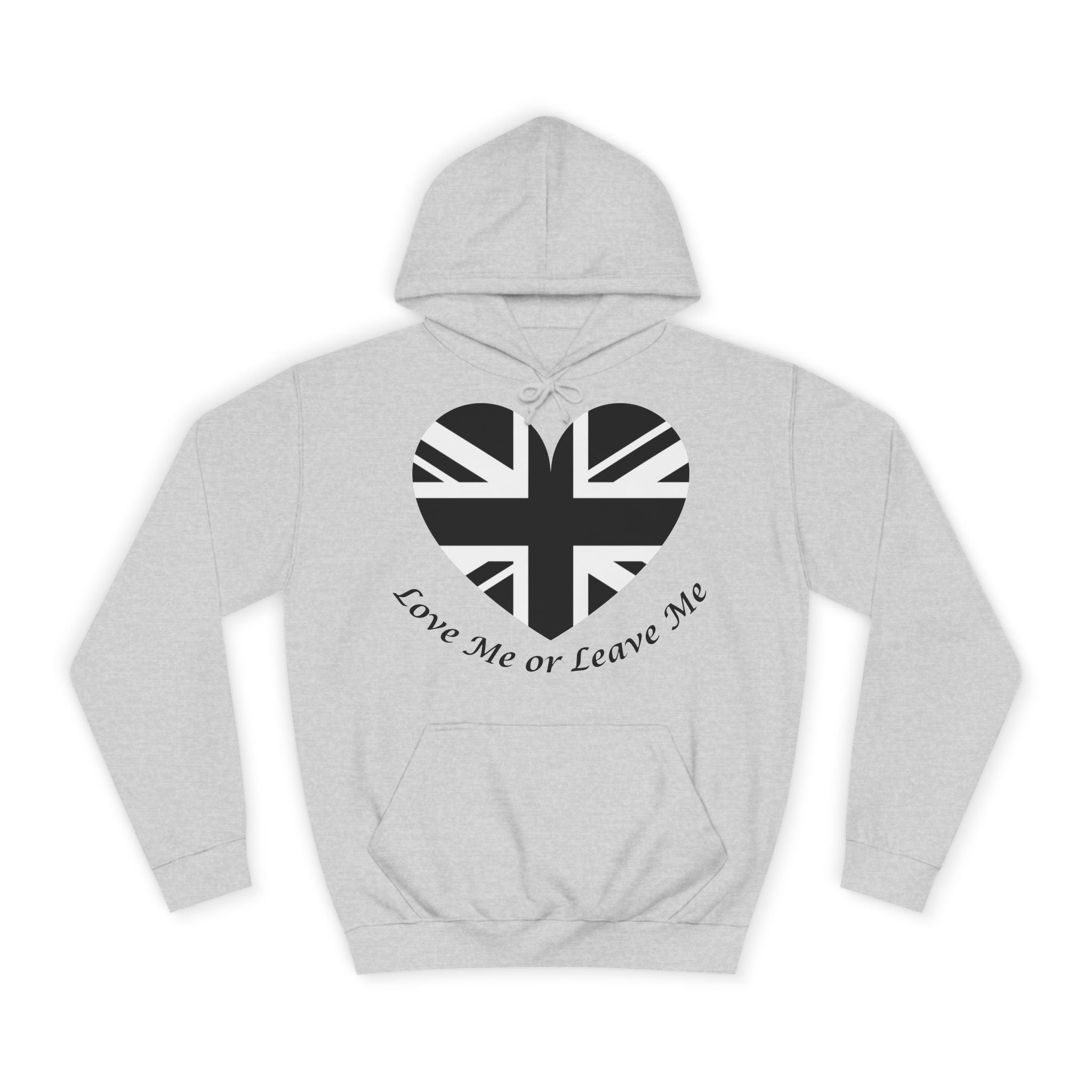Stylish Unisex College Hoodie with Union Jack Heart Design - Perfect for Students, Casual Wear, Gifts, Love Me or Leave Me, Travel