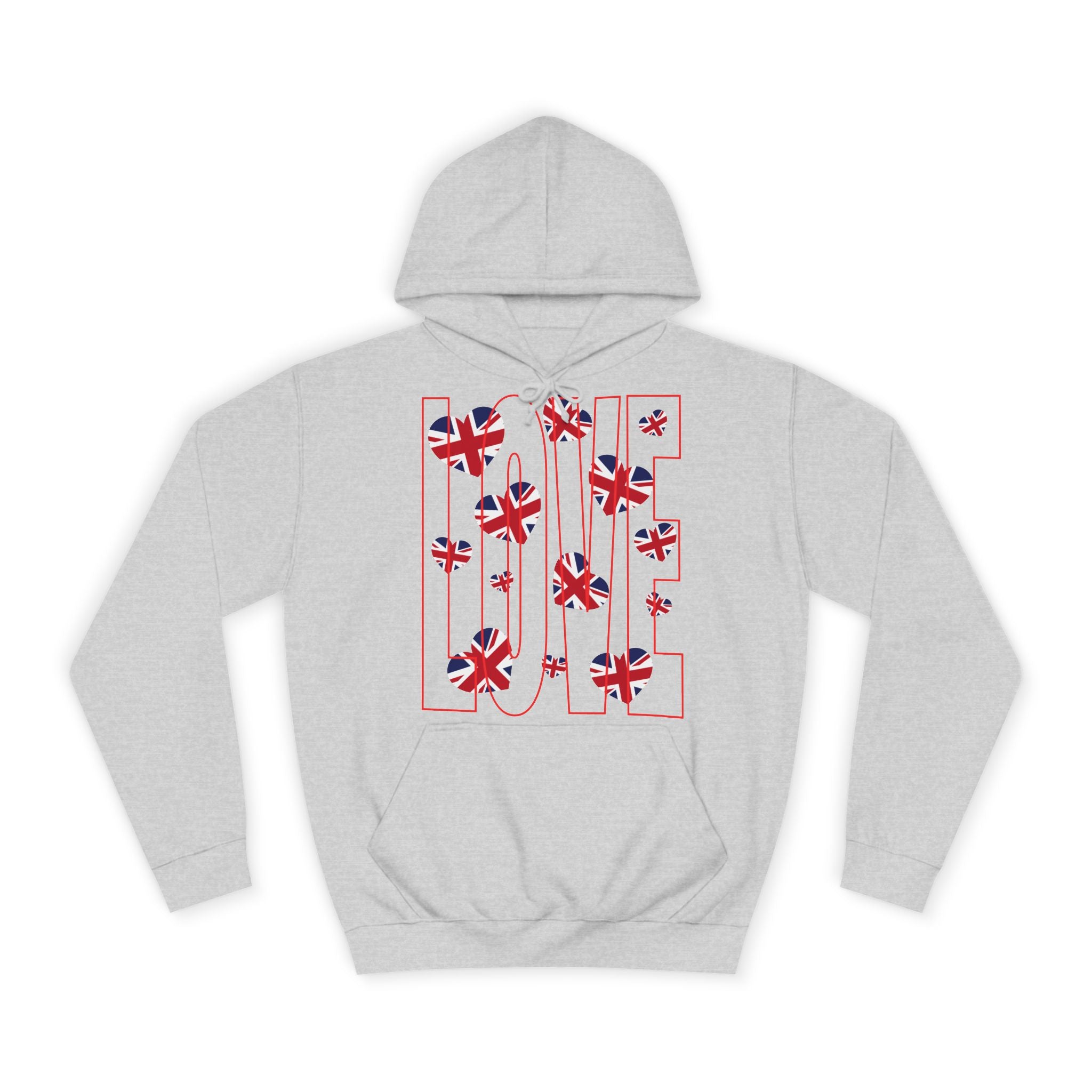 British Love Hearts Unisex College Hoodie, Funny Sweatshirt, UK Flag Design, Gift for Students, Casual Wear,