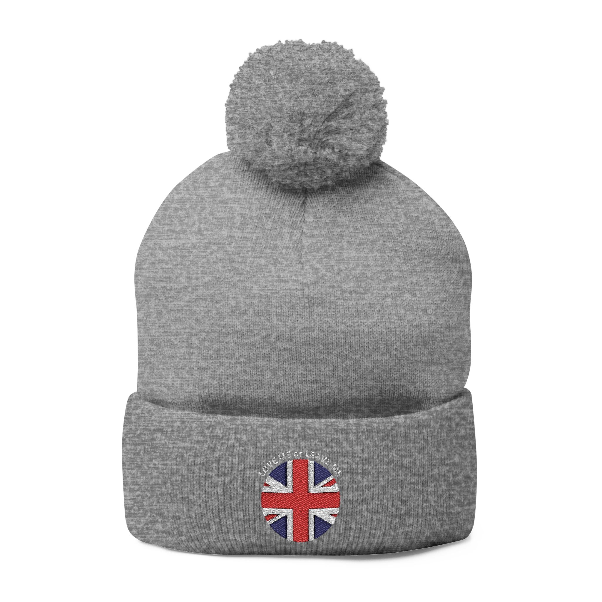 British Union Jack Love me or Leave me Cozy Pom-Pom Knit Cap for Winter Days, Embroidered Beanie, Unisex Winter Hat, Gift for Him/Her, Stylish Cold Weather Accessory