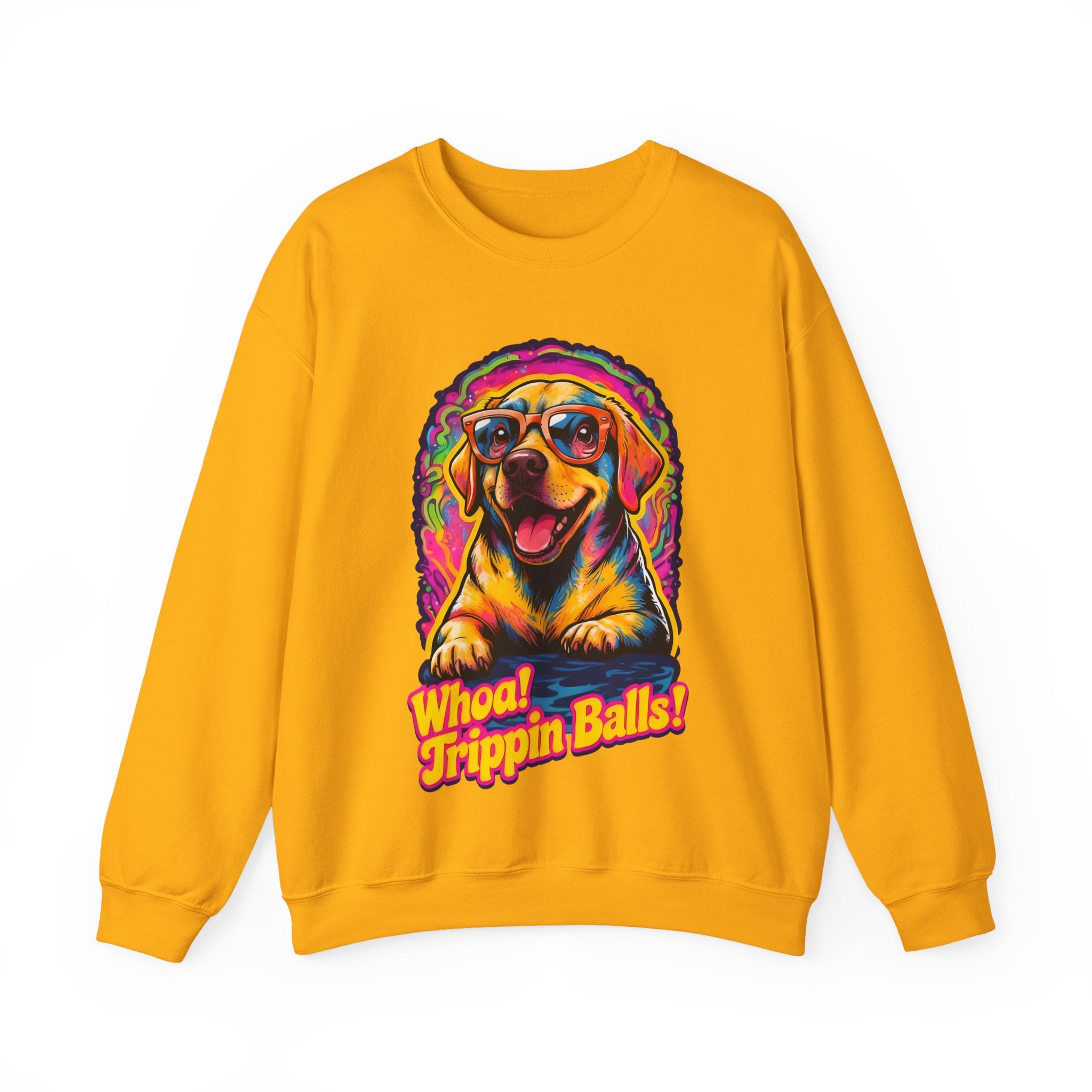 Colorful Dog Graphic Crewneck Sweatshirt - "Whoa! Trippin Balls!"