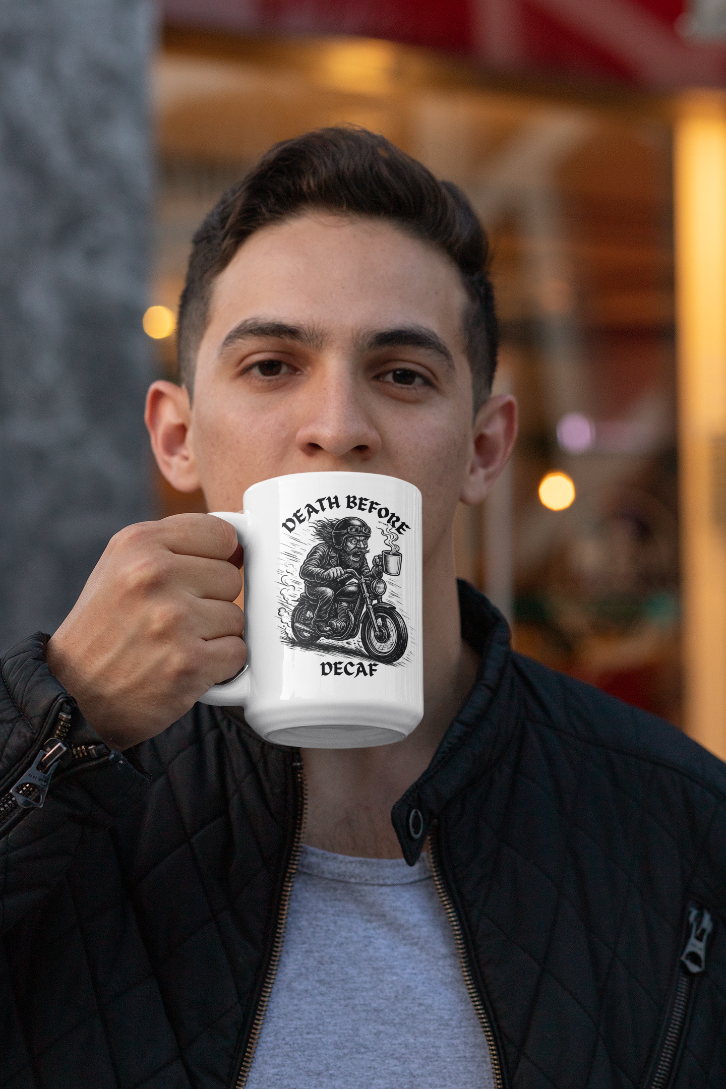 Biker Coffee Mugs, Fun Motorcycle Decaf Cup, Gifts for Dad, Cafe Decor, Gifts for Riders, Funny Coffee Cup