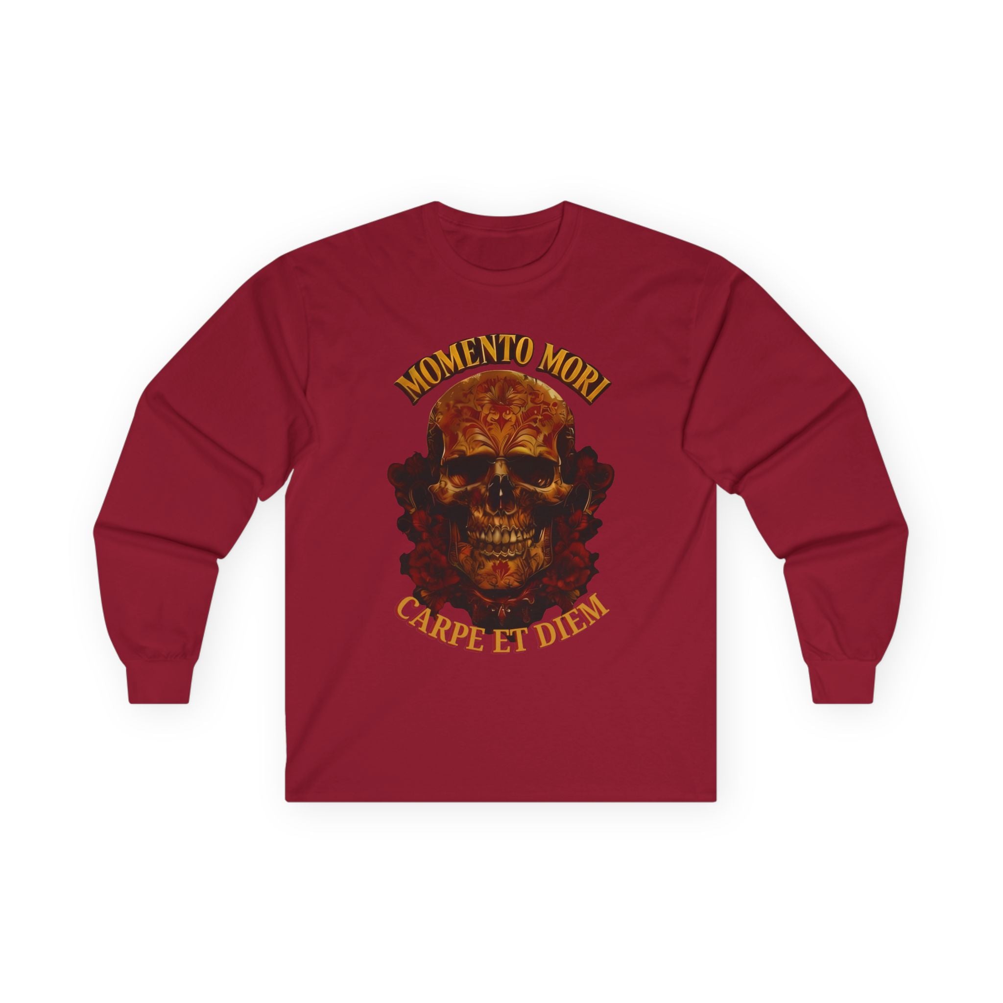Skull Graphic Long Sleeve Tee, Momento Mori Quote Shirt, Gothic Fashion Top, Unisex Casual Wear, Halloween Apparel, Edgy Gift