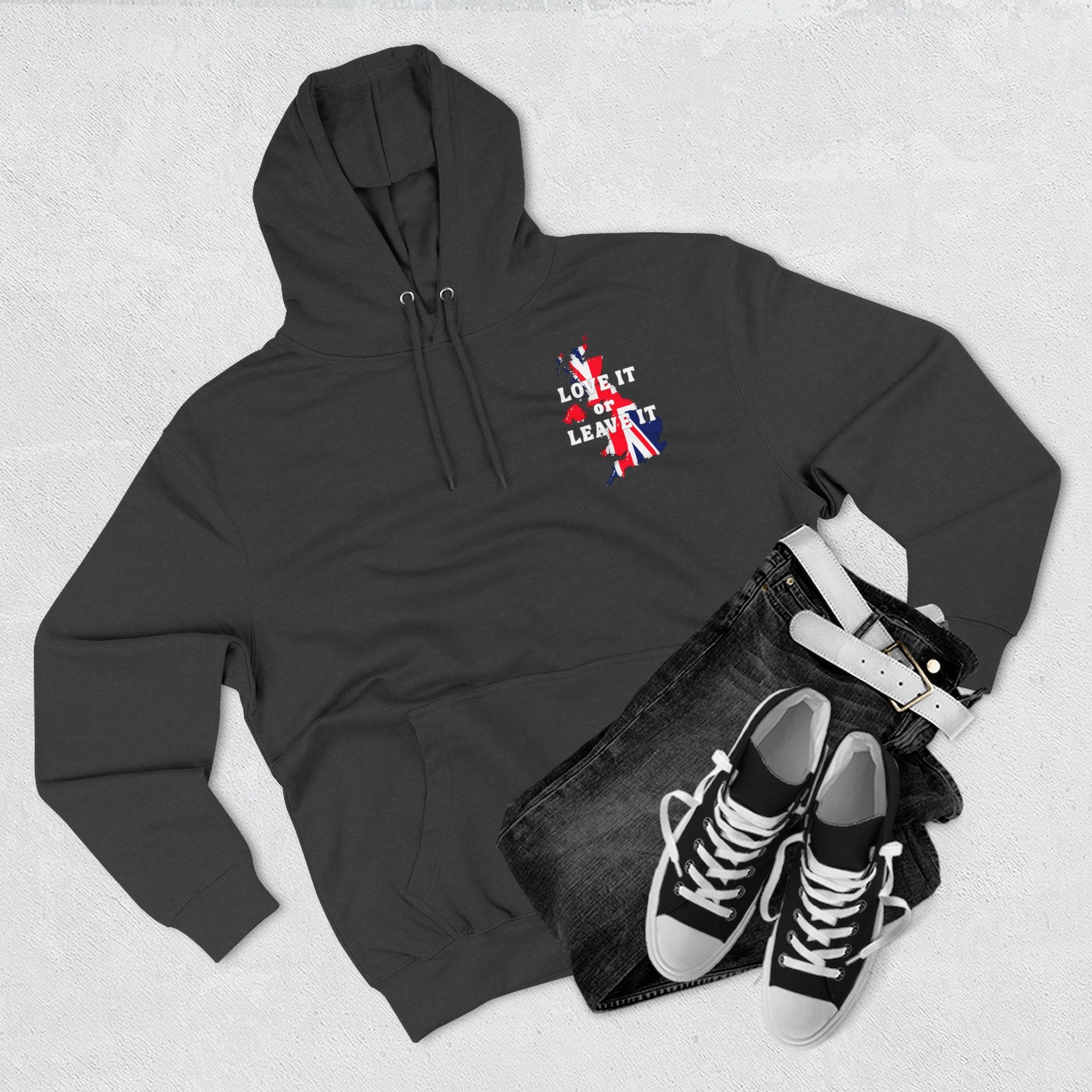 Fleece Hoodie with Love It or Leave It Design, Cozy Sweatshirt, Gifts for New UK Residents, British Pride Apparel, Casual Winter Wear