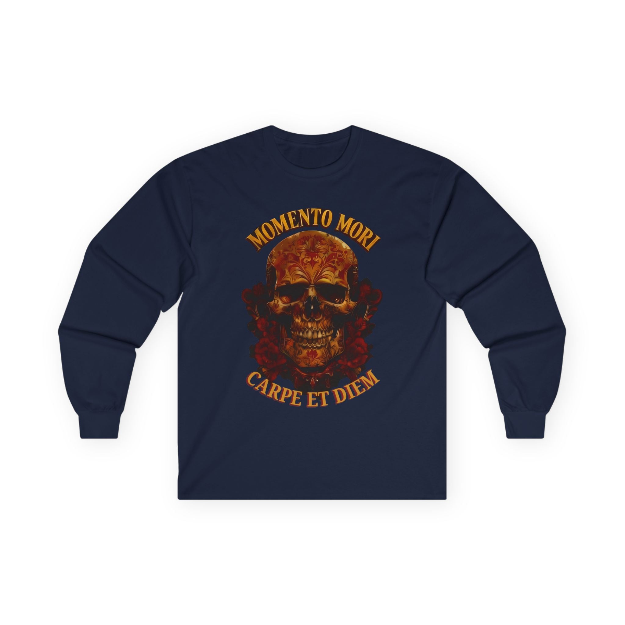 Skull Graphic Long Sleeve Tee, Momento Mori Quote Shirt, Gothic Fashion Top, Unisex Casual Wear, Halloween Apparel, Edgy Gift