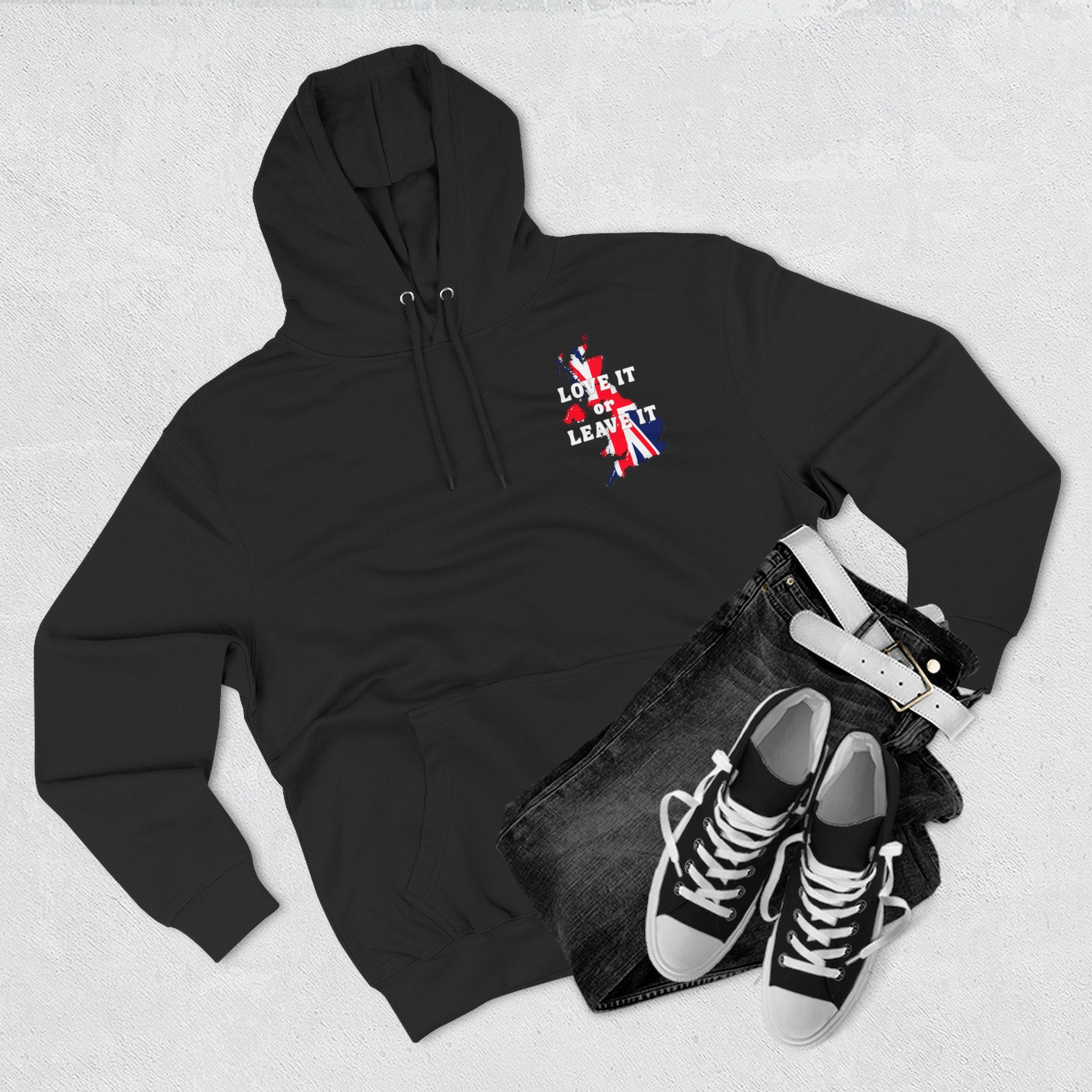 Fleece Hoodie with Love It or Leave It Design, Cozy Sweatshirt, Gifts for New UK Residents, British Pride Apparel, Casual Winter Wear