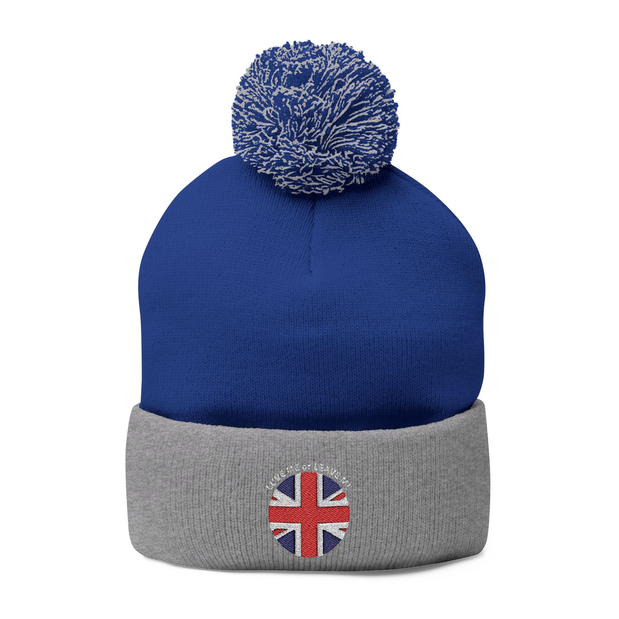 British Union Jack Love me or Leave me Cozy Pom-Pom Knit Cap for Winter Days, Embroidered Beanie, Unisex Winter Hat, Gift for Him/Her, Stylish Cold Weather Accessory