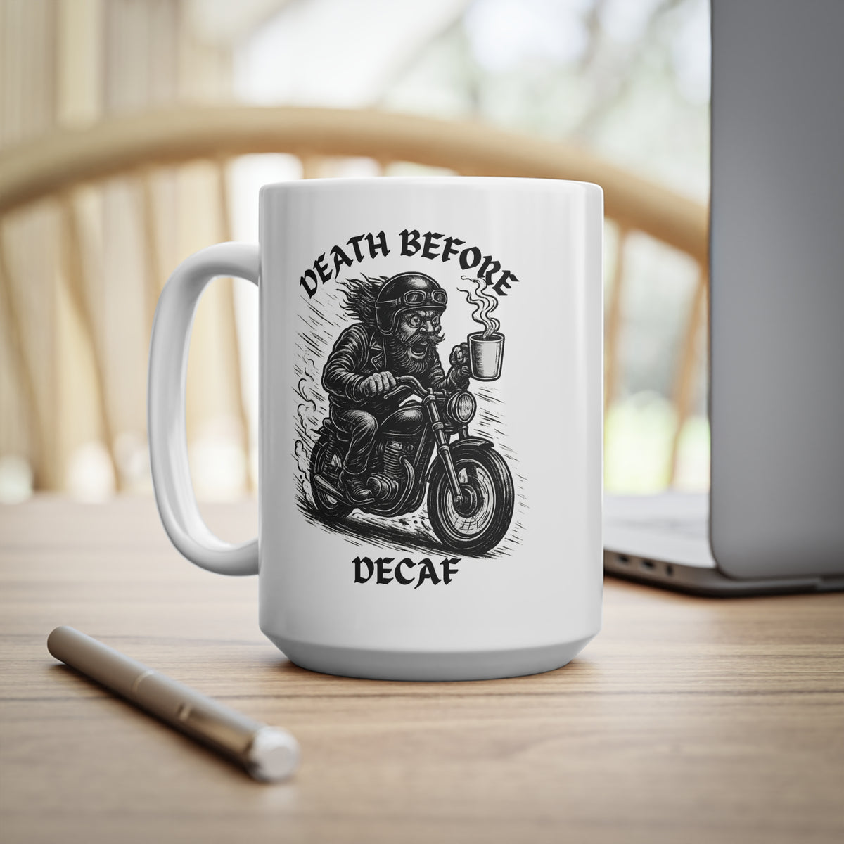 Biker Coffee Mugs, Fun Motorcycle Decaf Cup, Gifts for Dad, Cafe Decor, Gifts for Riders, Funny Coffee Cup