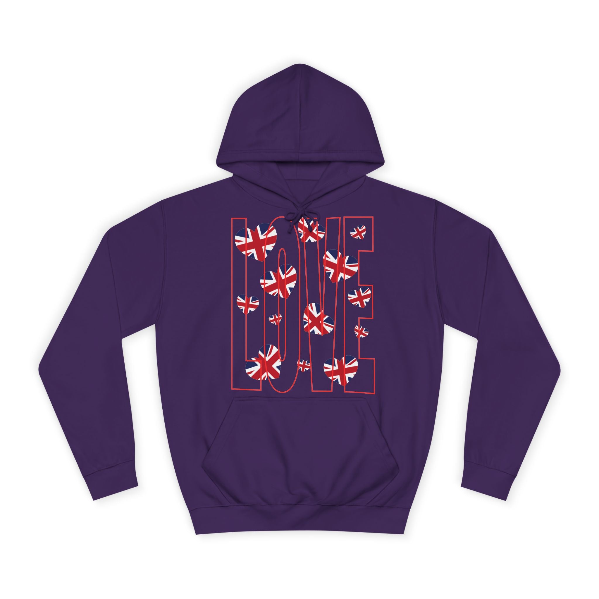 British Love Hearts Unisex College Hoodie, Funny Sweatshirt, UK Flag Design, Gift for Students, Casual Wear,
