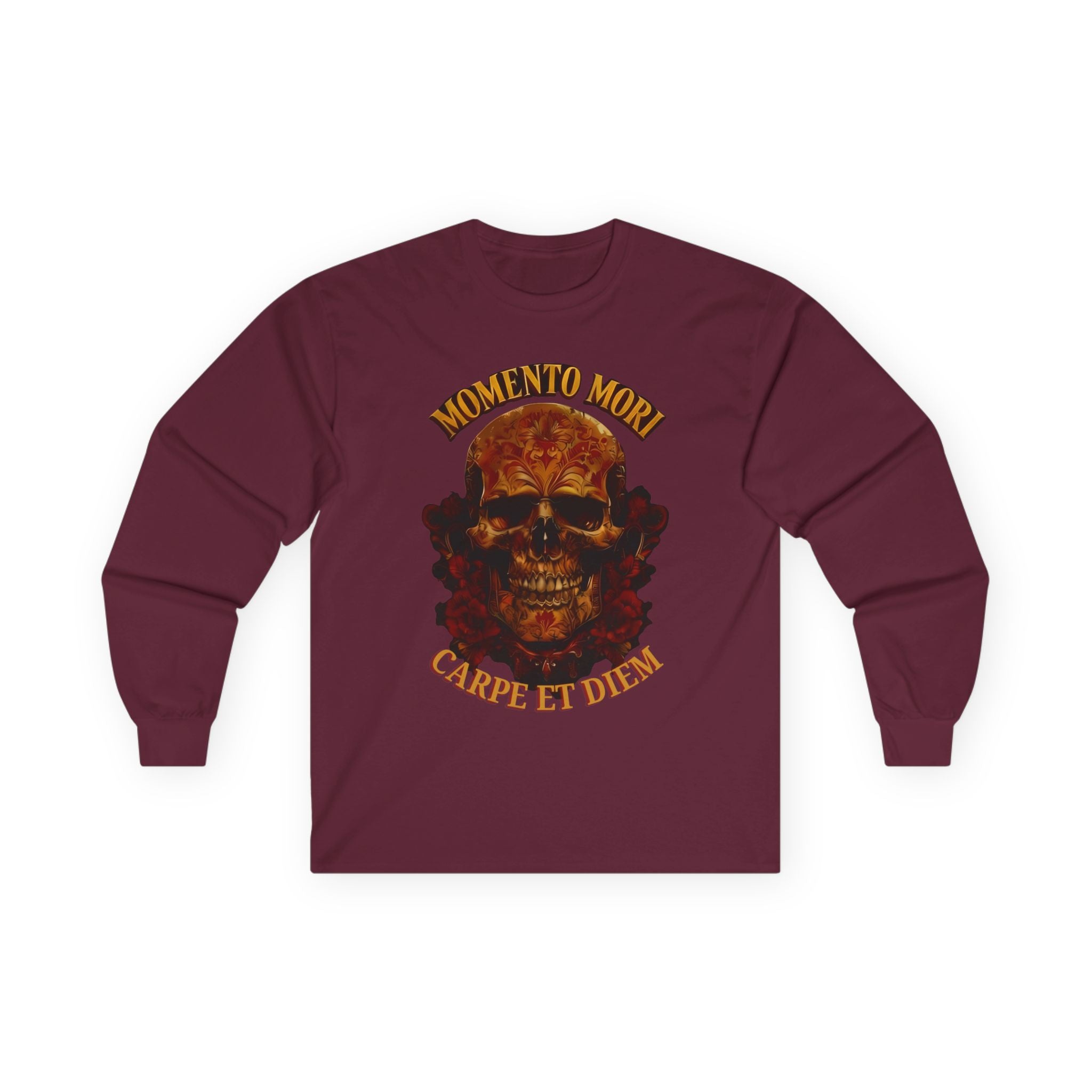 Skull Graphic Long Sleeve Tee, Momento Mori Quote Shirt, Gothic Fashion Top, Unisex Casual Wear, Halloween Apparel, Edgy Gift