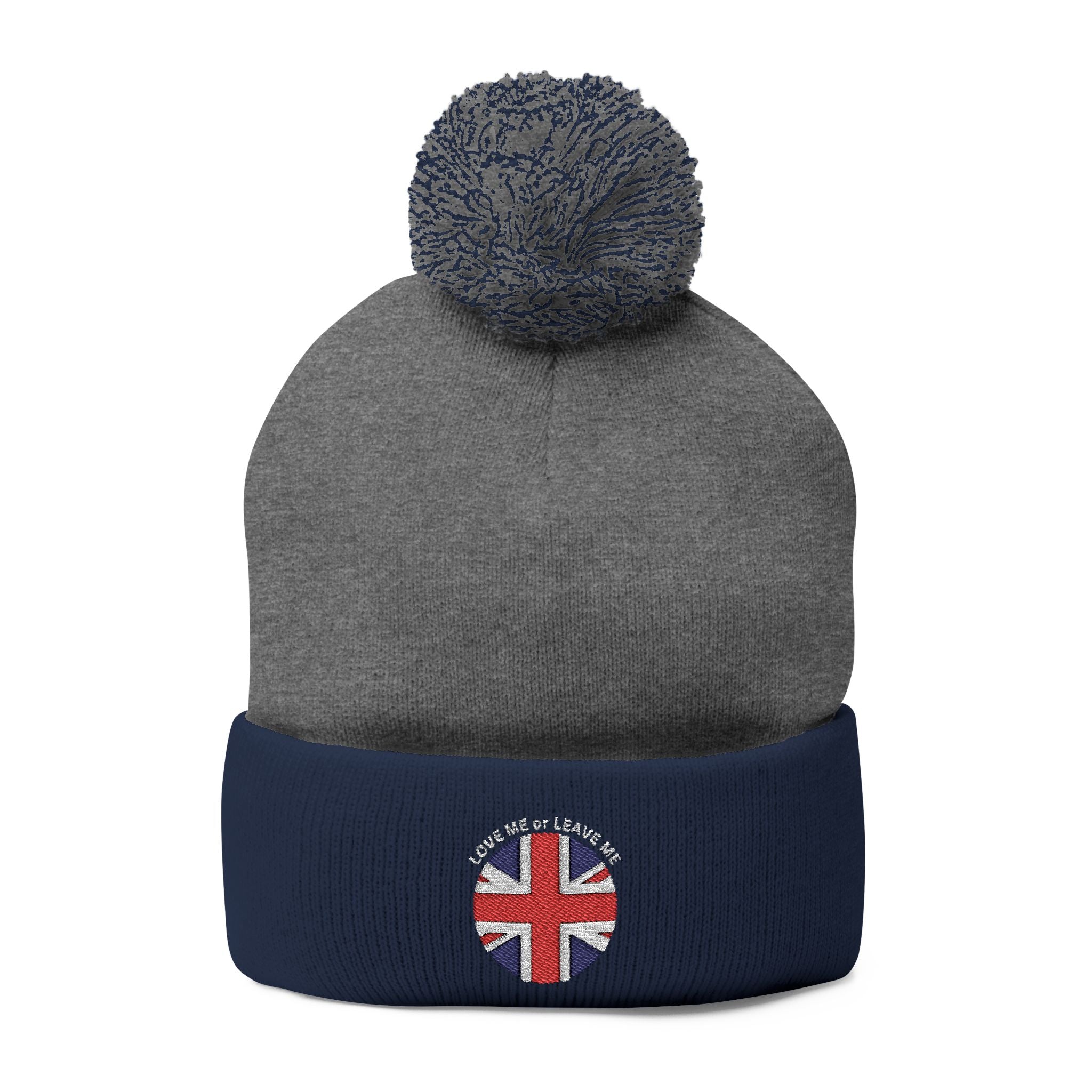 British Union Jack Love me or Leave me Cozy Pom-Pom Knit Cap for Winter Days, Embroidered Beanie, Unisex Winter Hat, Gift for Him/Her, Stylish Cold Weather Accessory