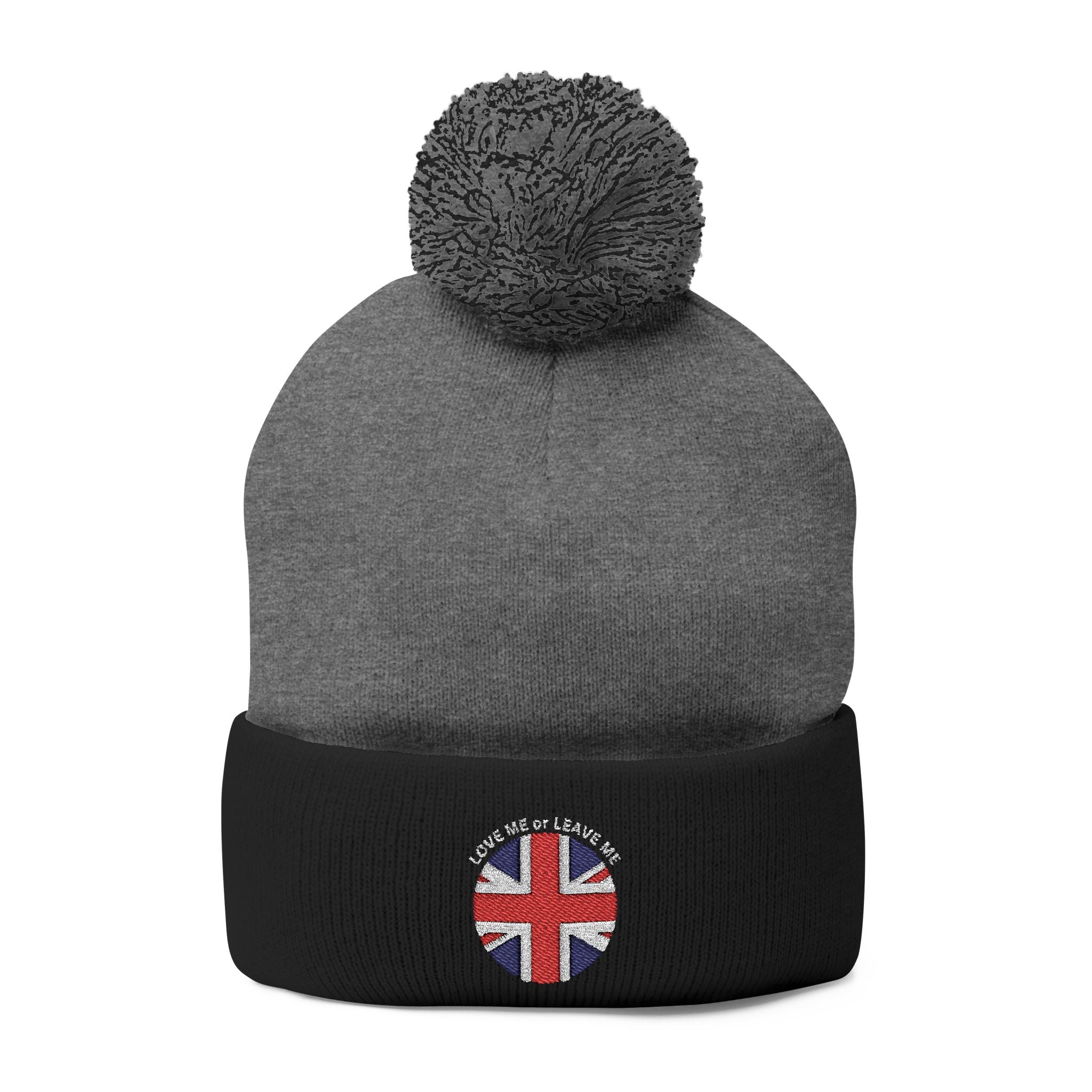 British Union Jack Love me or Leave me Cozy Pom-Pom Knit Cap for Winter Days, Embroidered Beanie, Unisex Winter Hat, Gift for Him/Her, Stylish Cold Weather Accessory
