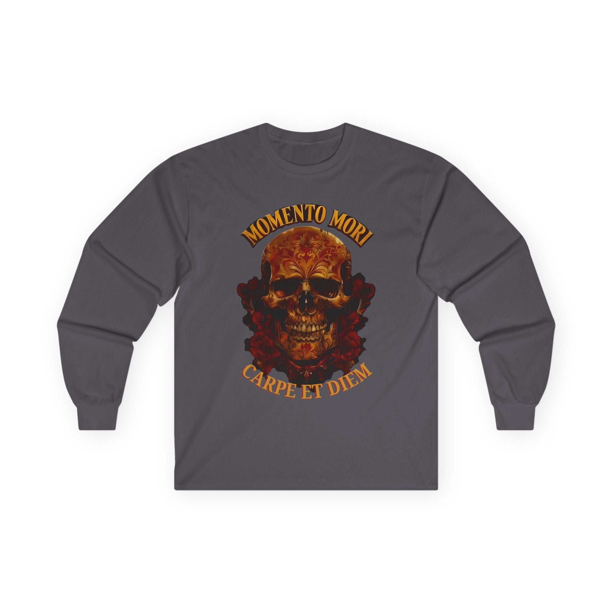 Skull Graphic Long Sleeve Tee, Momento Mori Quote Shirt, Gothic Fashion Top, Unisex Casual Wear, Halloween Apparel, Edgy Gift