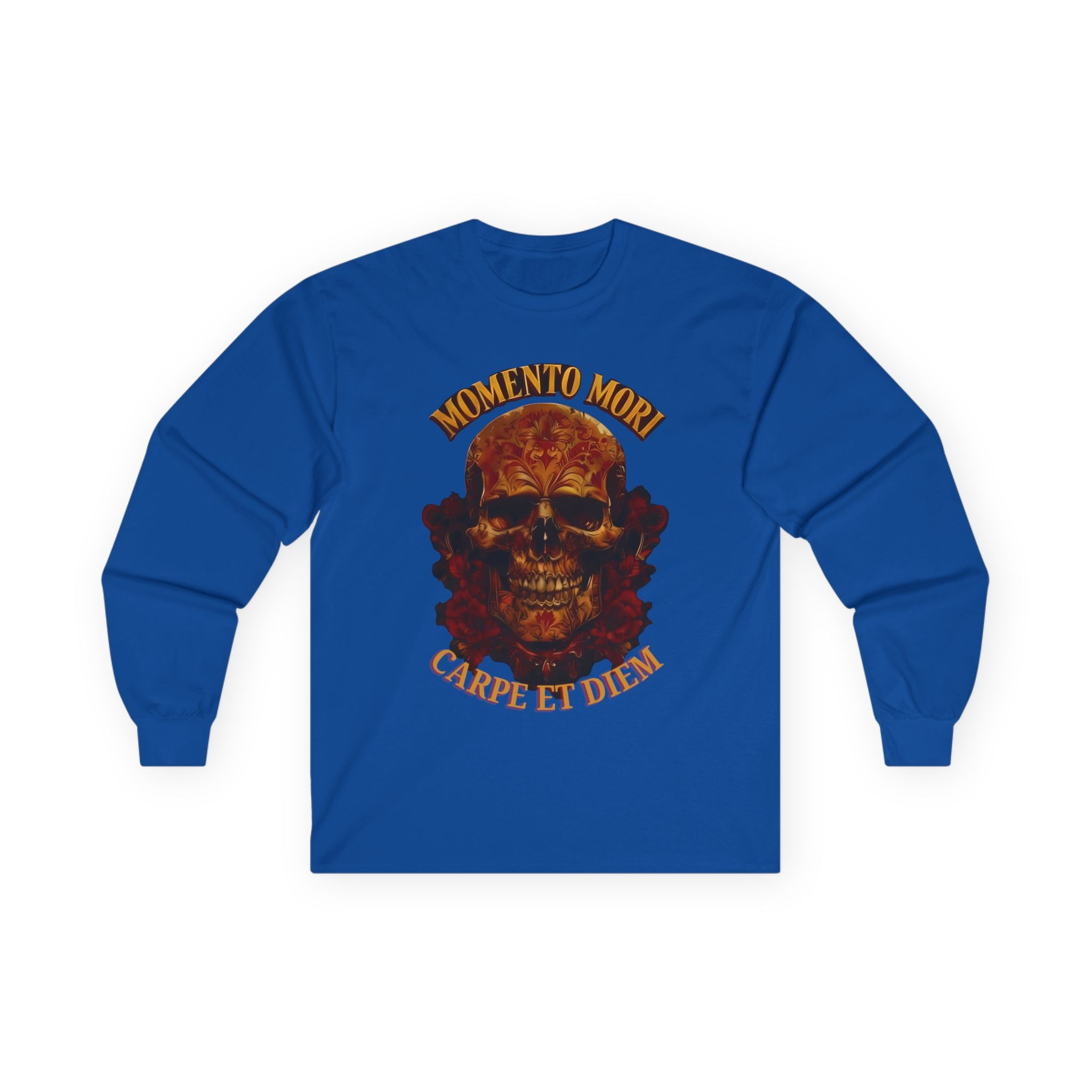 Skull Graphic Long Sleeve Tee, Momento Mori Quote Shirt, Gothic Fashion Top, Unisex Casual Wear, Halloween Apparel, Edgy Gift