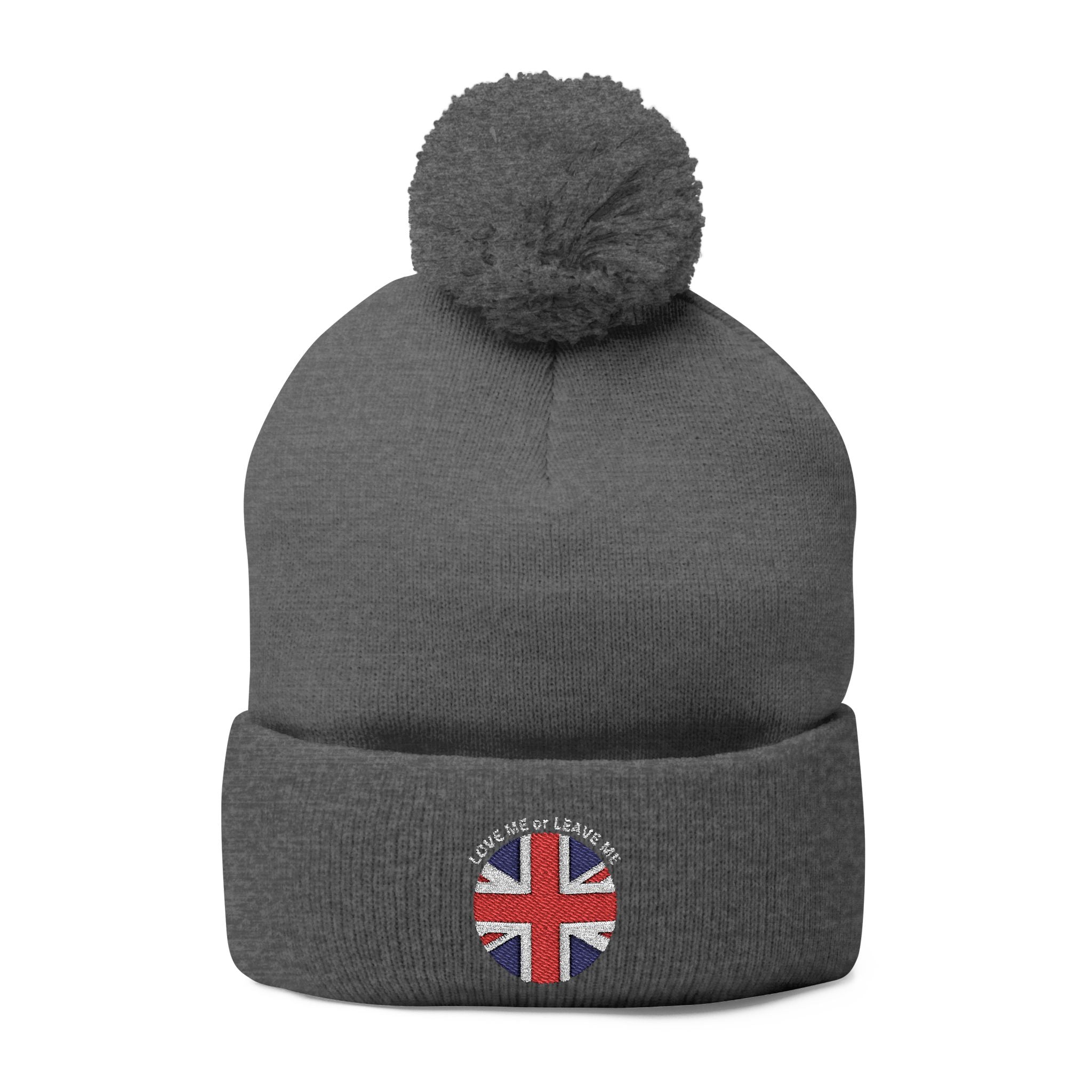 British Union Jack Love me or Leave me Cozy Pom-Pom Knit Cap for Winter Days, Embroidered Beanie, Unisex Winter Hat, Gift for Him/Her, Stylish Cold Weather Accessory
