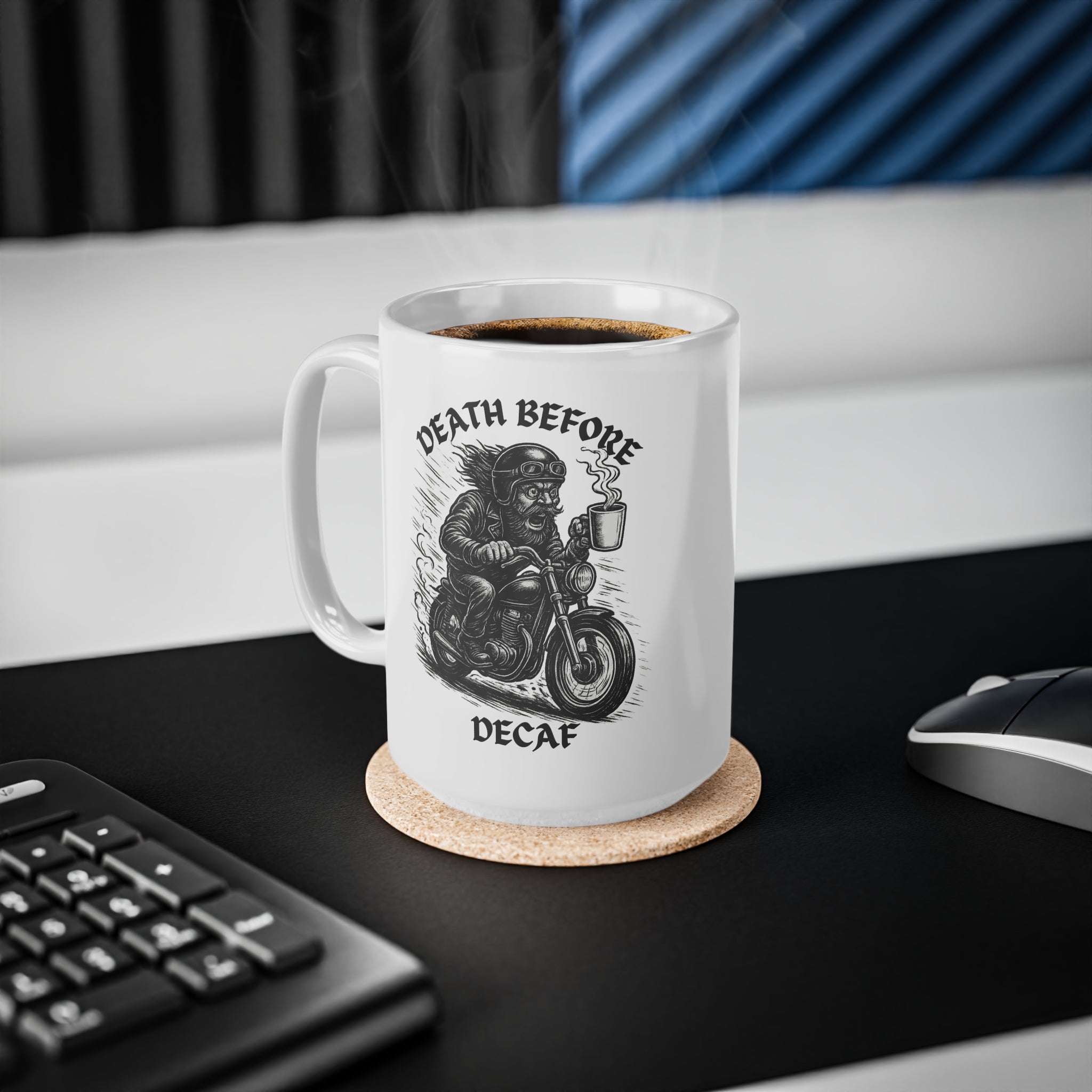 Biker Coffee Mugs, Fun Motorcycle Decaf Cup, Gifts for Dad, Cafe Decor, Gifts for Riders, Funny Coffee Cup