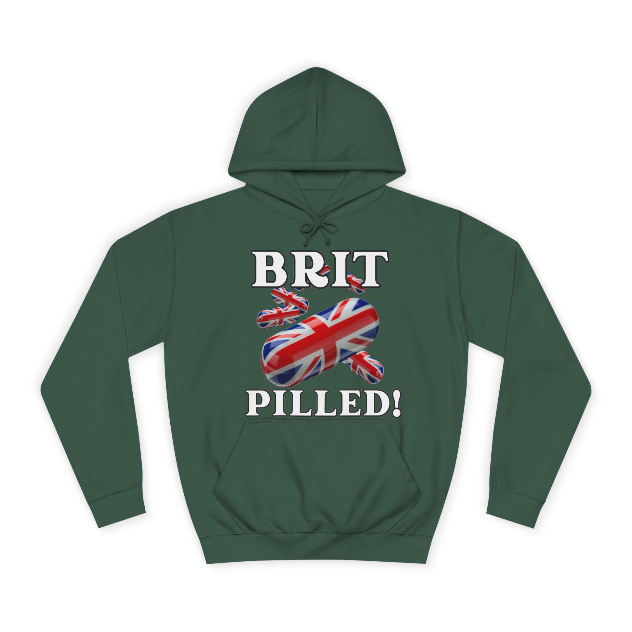 Unisex Hoodie with 'BRIT PILLED!' Design, College Spirit Wear, British Pride Clothing, Comfy Casual Sweatshirt, Gift for Students & Alumni
