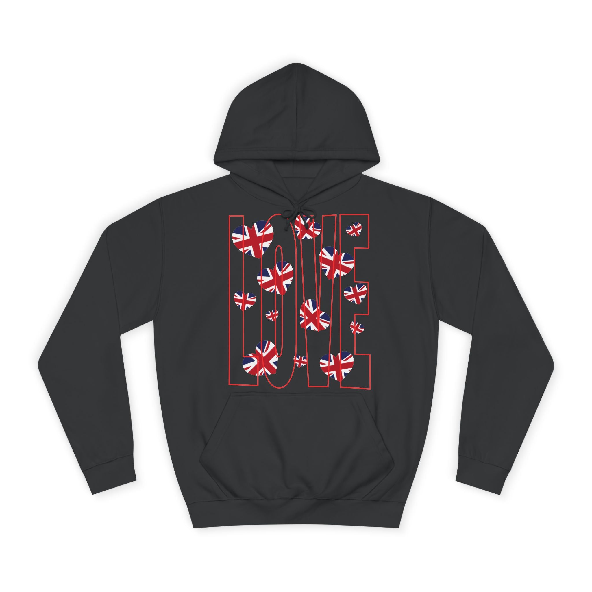 British Love Hearts Unisex College Hoodie, Funny Sweatshirt, UK Flag Design, Gift for Students, Casual Wear,