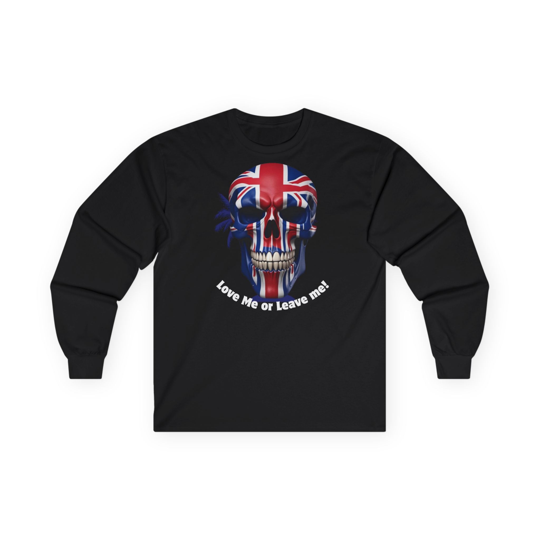 Patriotic Union Jack Skull Tee | Unisex Skull Long Sleeve, Trendy Graphic Tee, Hooded Shirt, Casual Wear, Gift for Music Lovers