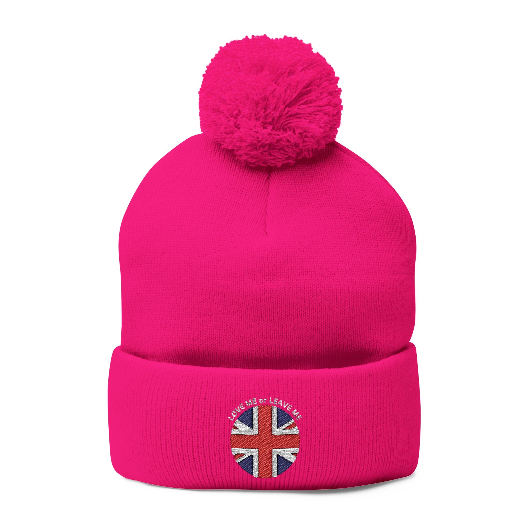 British Union Jack Love me or Leave me Cozy Pom-Pom Knit Cap for Winter Days, Embroidered Beanie, Unisex Winter Hat, Gift for Him/Her, Stylish Cold Weather Accessory