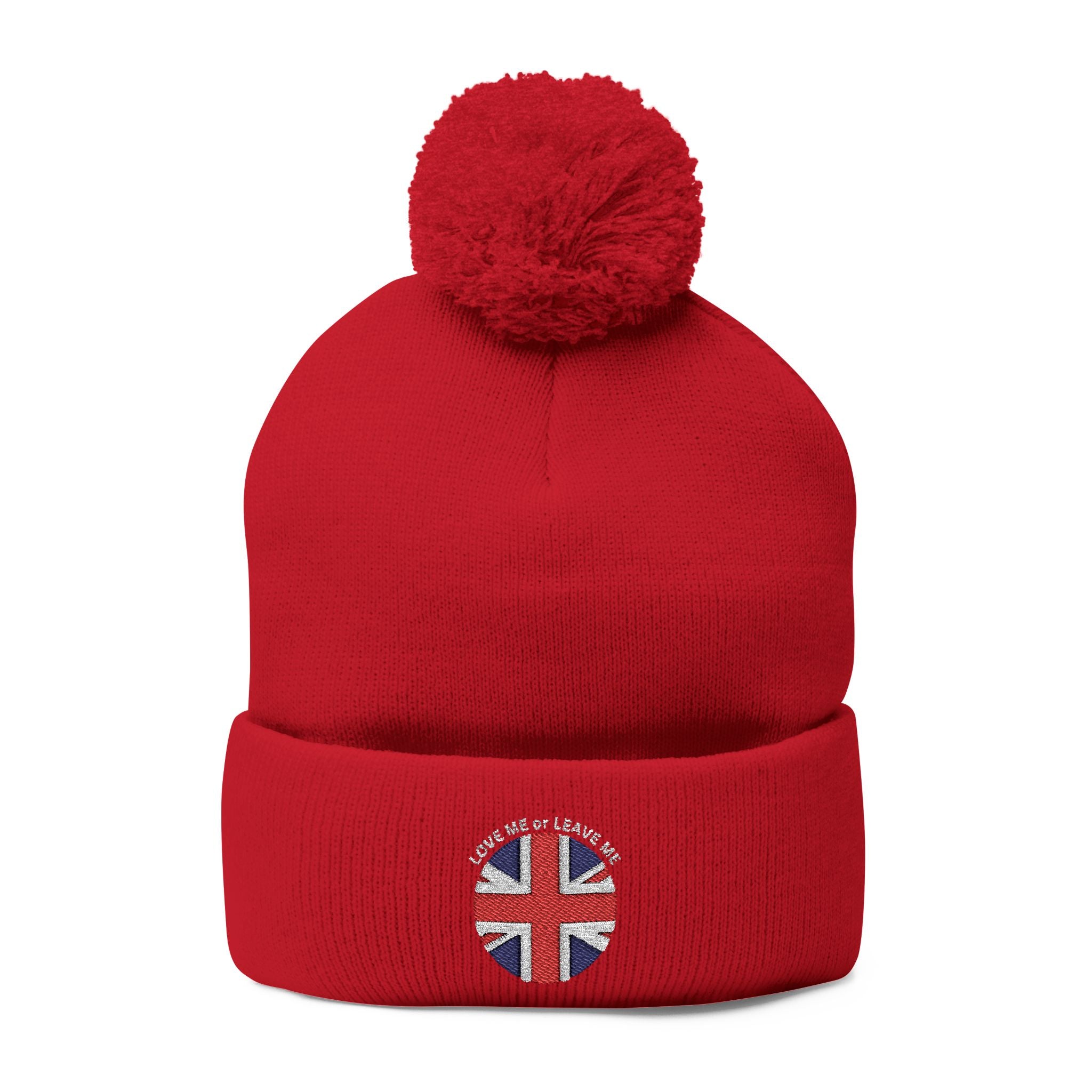 British Union Jack Love me or Leave me Cozy Pom-Pom Knit Cap for Winter Days, Embroidered Beanie, Unisex Winter Hat, Gift for Him/Her, Stylish Cold Weather Accessory