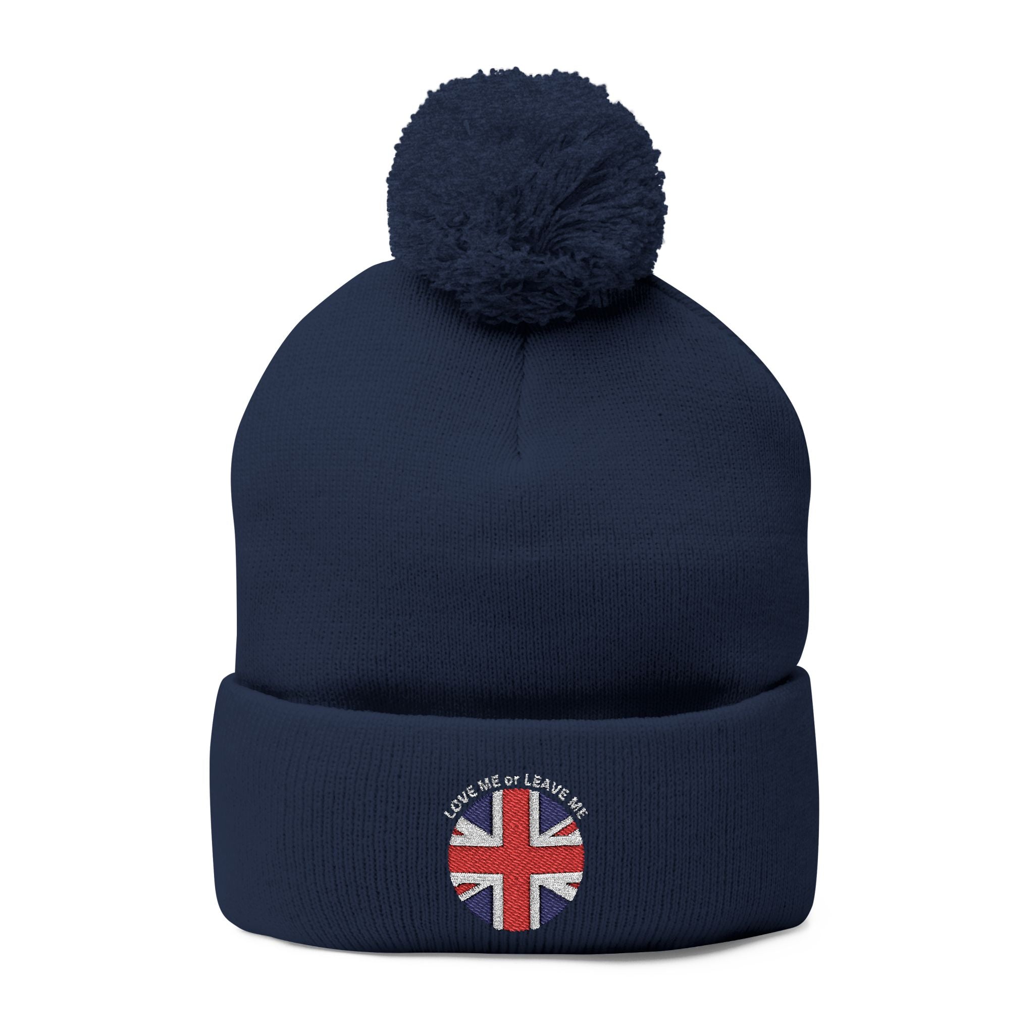 British Union Jack Love me or Leave me Cozy Pom-Pom Knit Cap for Winter Days, Embroidered Beanie, Unisex Winter Hat, Gift for Him/Her, Stylish Cold Weather Accessory
