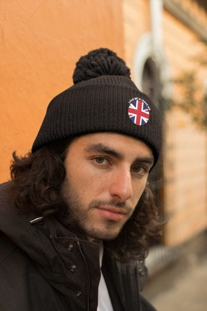 British Union Jack Love me or Leave me Cozy Pom-Pom Knit Cap for Winter Days, Embroidered Beanie, Unisex Winter Hat, Gift for Him/Her, Stylish Cold Weather Accessory