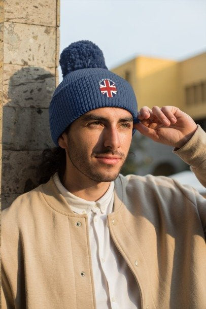 British Union Jack Love me or Leave me Cozy Pom-Pom Knit Cap for Winter Days, Embroidered Beanie, Unisex Winter Hat, Gift for Him/Her, Stylish Cold Weather Accessory