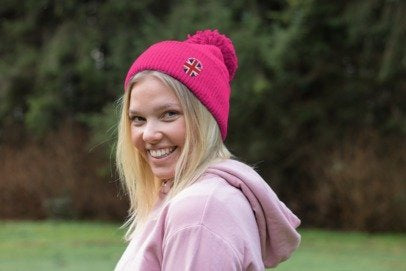 British Union Jack Love me or Leave me Cozy Pom-Pom Knit Cap for Winter Days, Embroidered Beanie, Unisex Winter Hat, Gift for Him/Her, Stylish Cold Weather Accessory