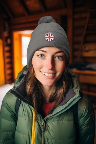 British Union Jack Love me or Leave me Cozy Pom-Pom Knit Cap for Winter Days, Embroidered Beanie, Unisex Winter Hat, Gift for Him/Her, Stylish Cold Weather Accessory