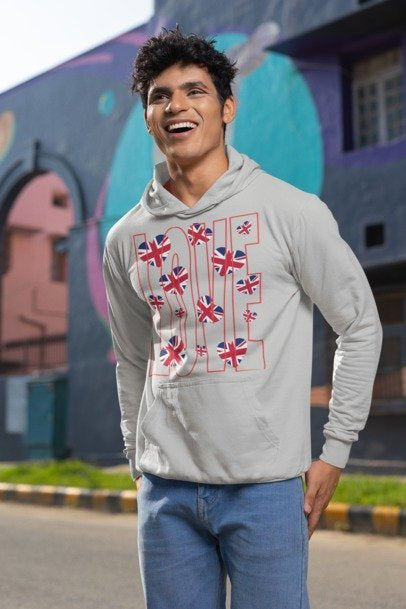 British Love Hearts Unisex College Hoodie, Funny Sweatshirt, UK Flag Design, Gift for Students, Casual Wear,