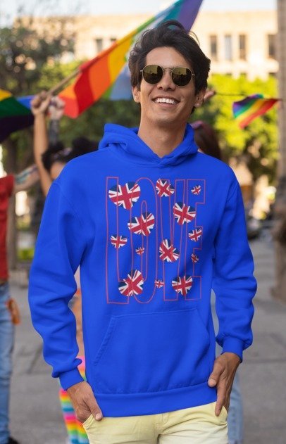 British Love Hearts Unisex College Hoodie, Funny Sweatshirt, UK Flag Design, Gift for Students, Casual Wear,