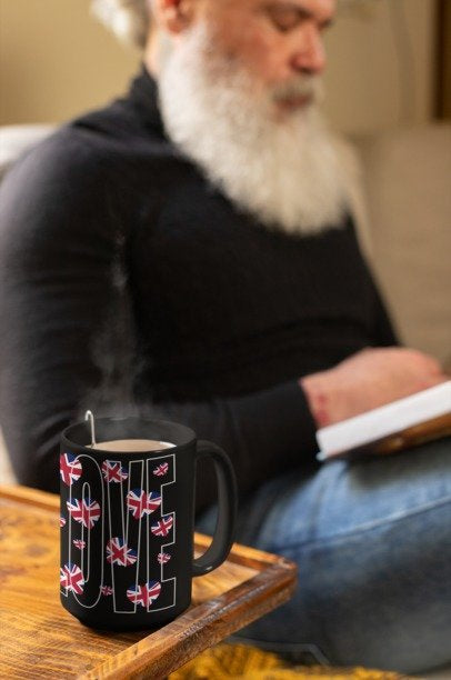British Love Mug - 15oz Black Coffee Cup, Tea Lovers Gift, UK Pride, Travel Souvenir, Home Decor, Anniversary Present, Valentine’s Day