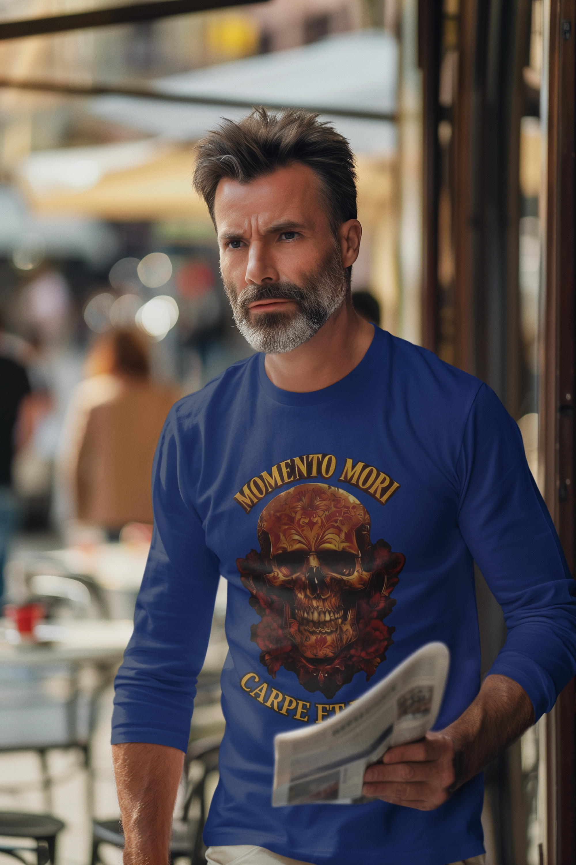 Skull Graphic Long Sleeve Tee, Momento Mori Quote Shirt, Gothic Fashion Top, Unisex Casual Wear, Halloween Apparel, Edgy Gift