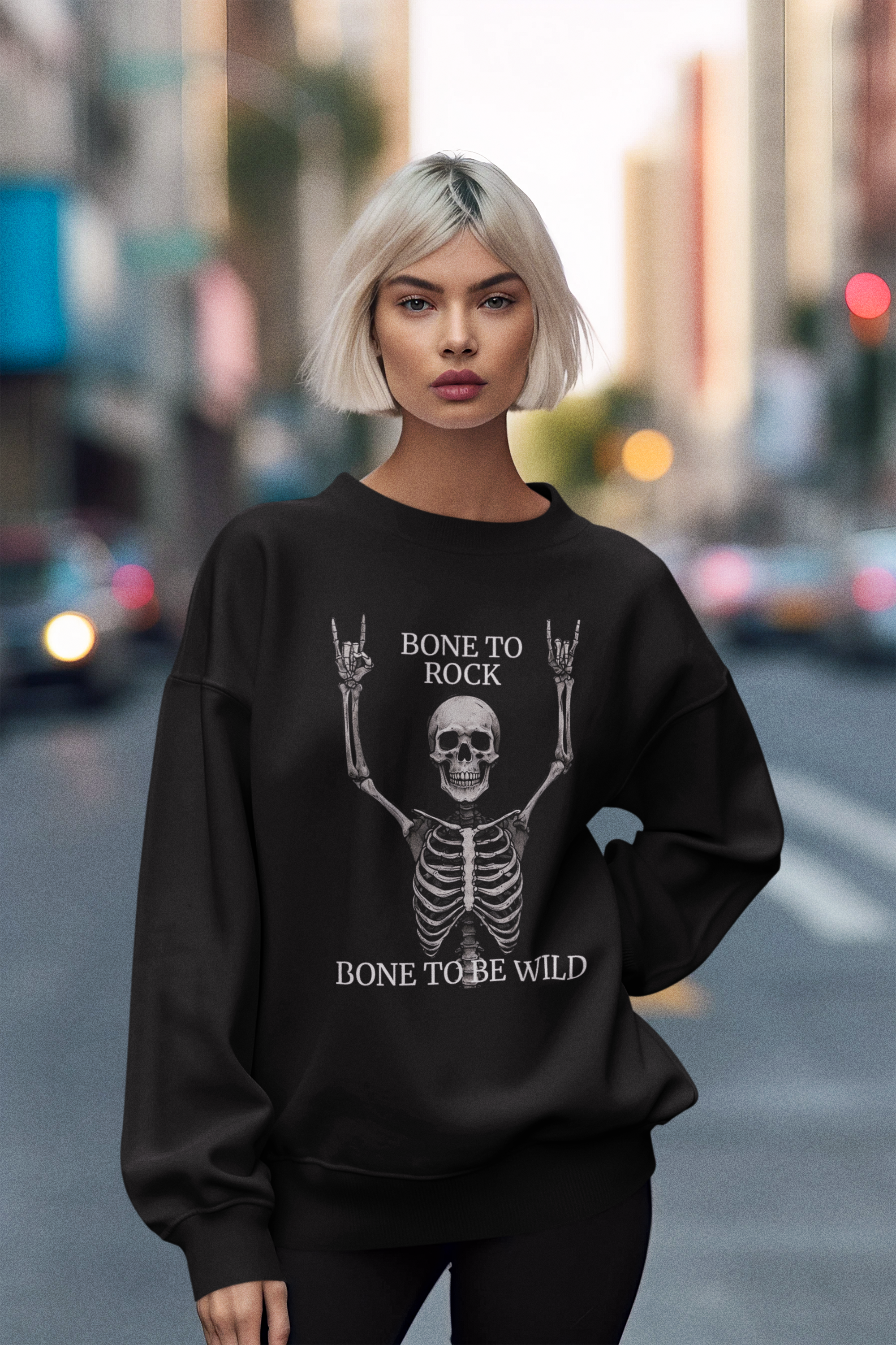 Bone to Rock Sweatshirt - Unisex Heavy Blend, Halloween Costume, Music Lovers Gift, Skeleton Design, Casual Wear, Rocking Apparel