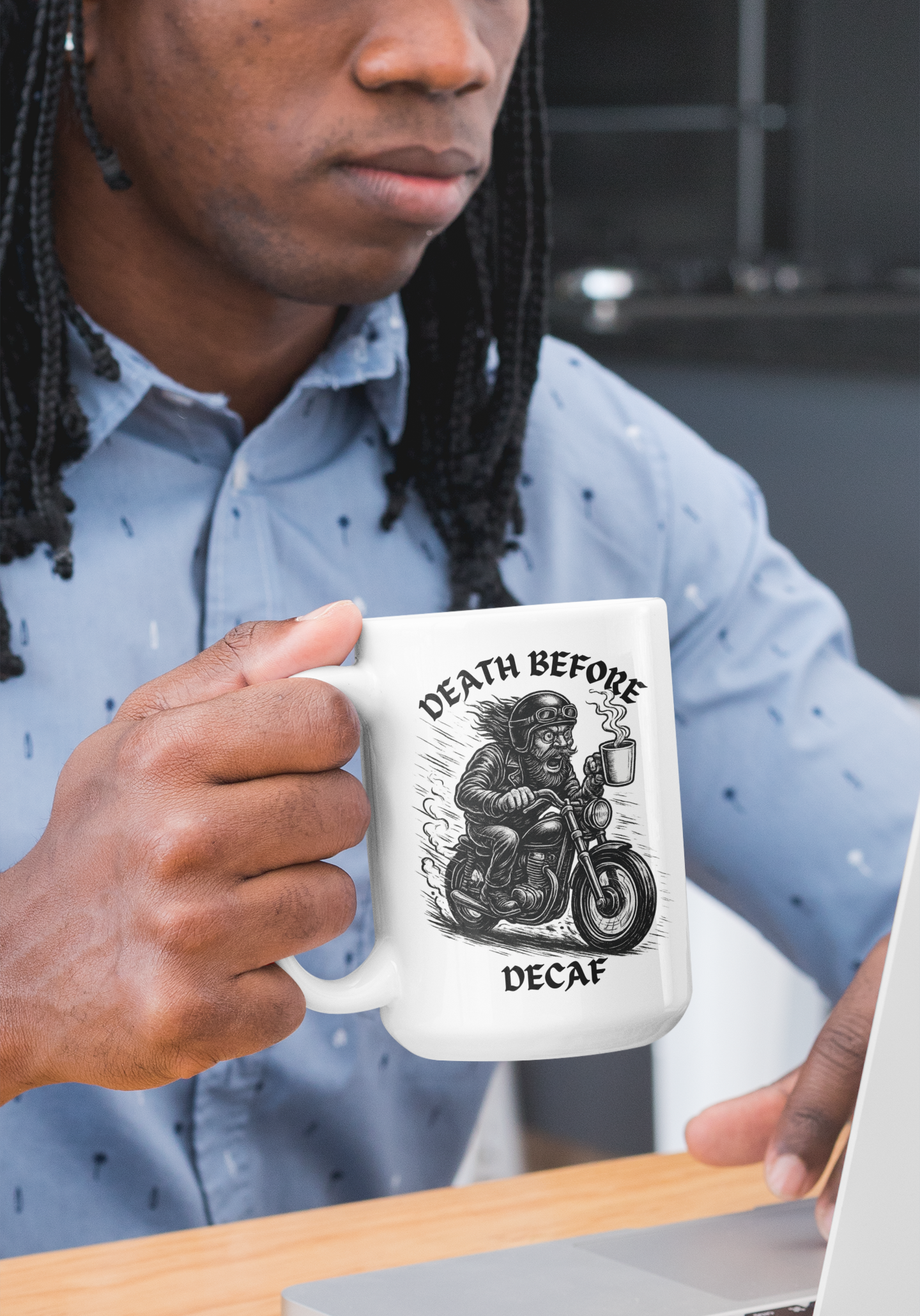 Biker Coffee Mugs, Fun Motorcycle Decaf Cup, Gifts for Dad, Cafe Decor, Gifts for Riders, Funny Coffee Cup