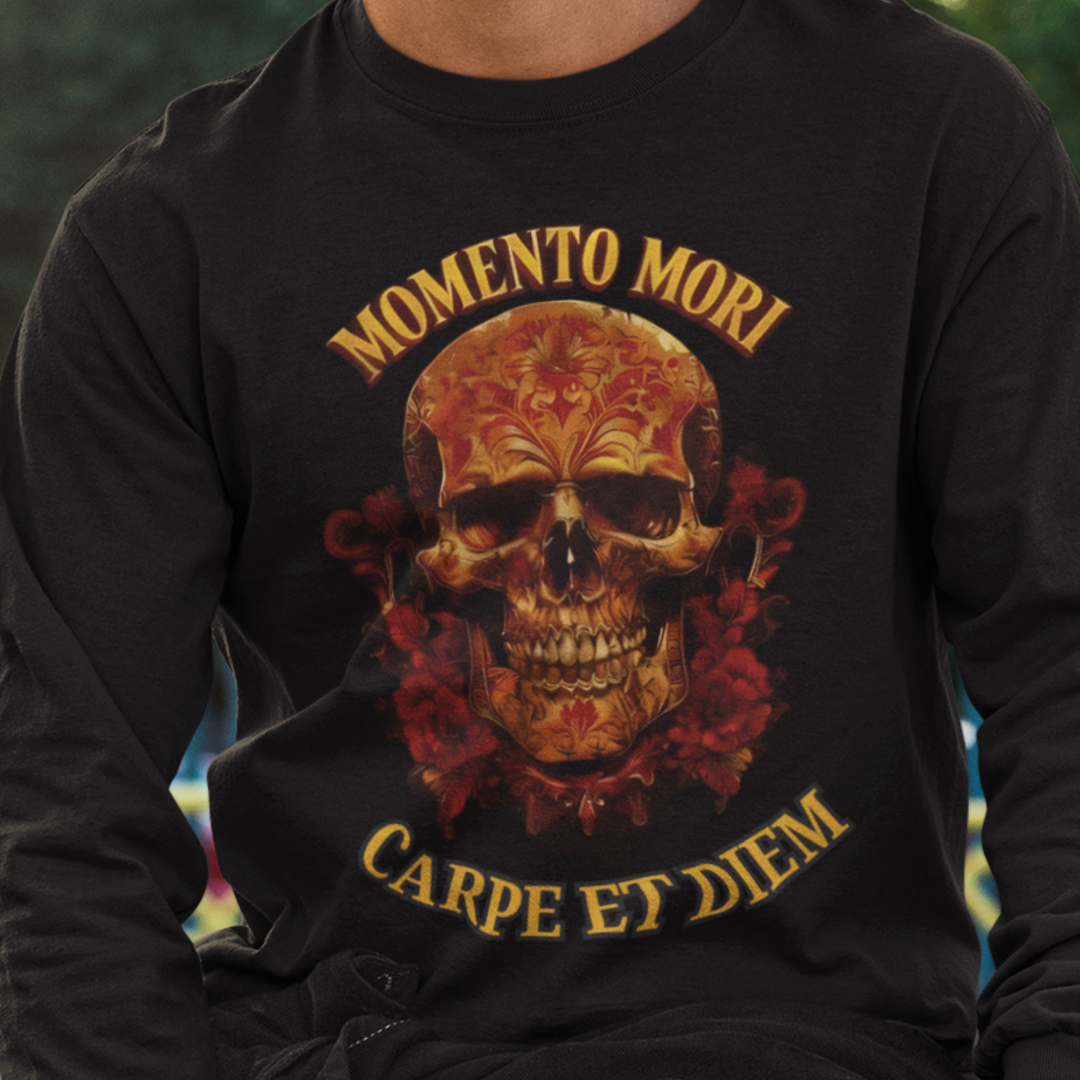 Skull Graphic Long Sleeve Tee, Momento Mori Quote Shirt, Gothic Fashion Top, Unisex Casual Wear, Halloween Apparel, Edgy Gift