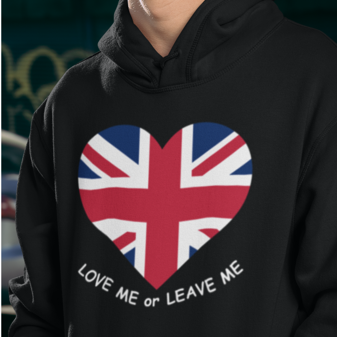 Union Jack Love Hoodie, Cozy College Sweatshirt, UK Flag Apparel, Gift for Students, British Theme Hoodie