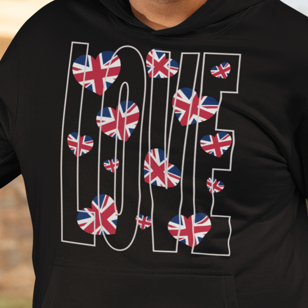 British Hearts Unisex College Hoodie, Cozy Fashion Pullover, UK Pride Apparel, Perfect Gift for Students, Casual Wear