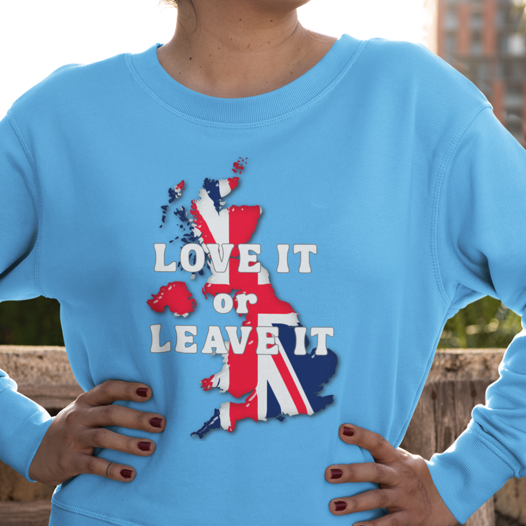 Union Jack Love It or Leave It Sweatshirt, Cozy Gift for Brits, Casual Wear, Great for Holidays, Comfortable Unisex Fashion
