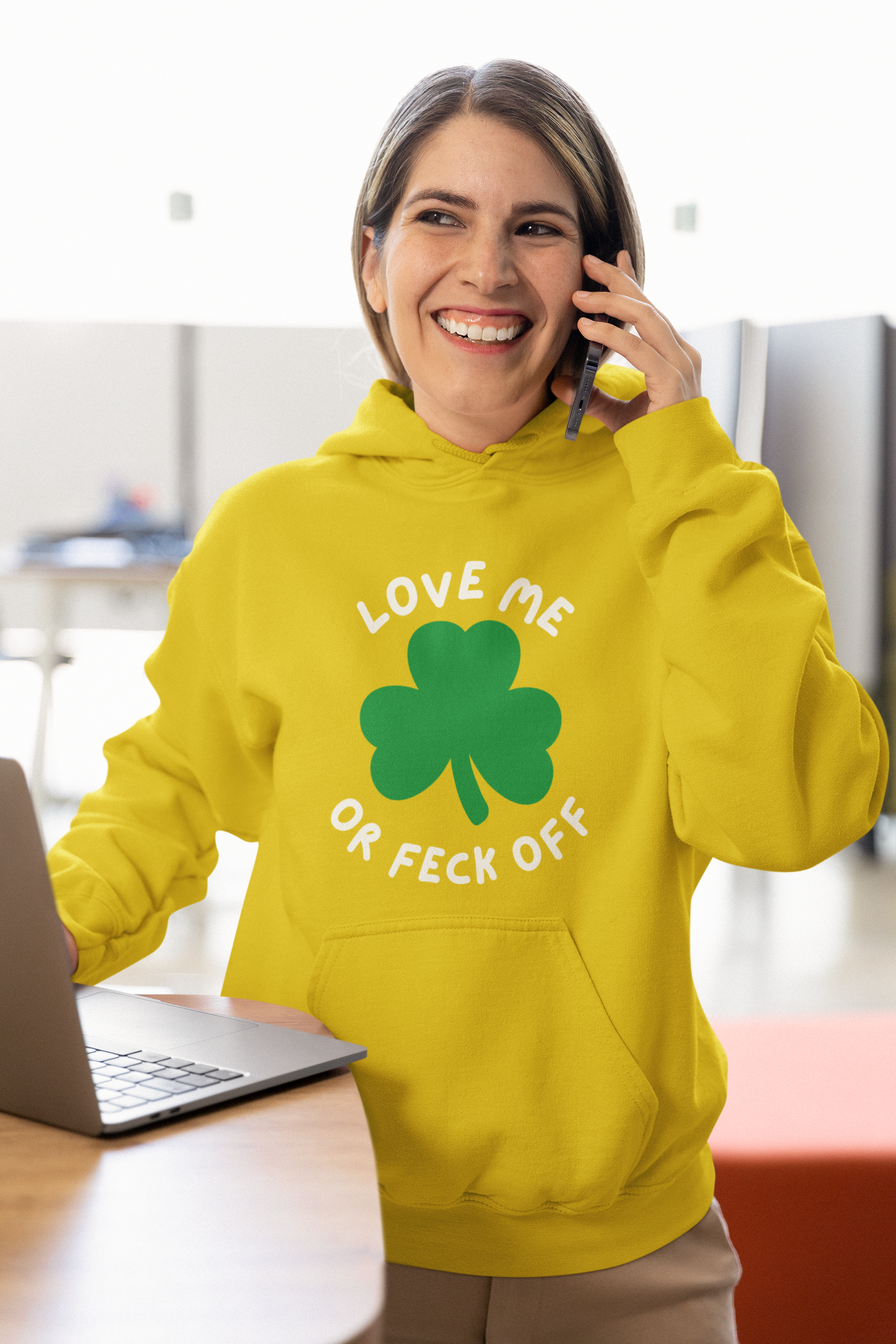 Unisex College Hoodie with Funny St. Patrick's Day Design, Cute Gift for Students, Party Wear, College Apparel, Yellow Sweatshirt