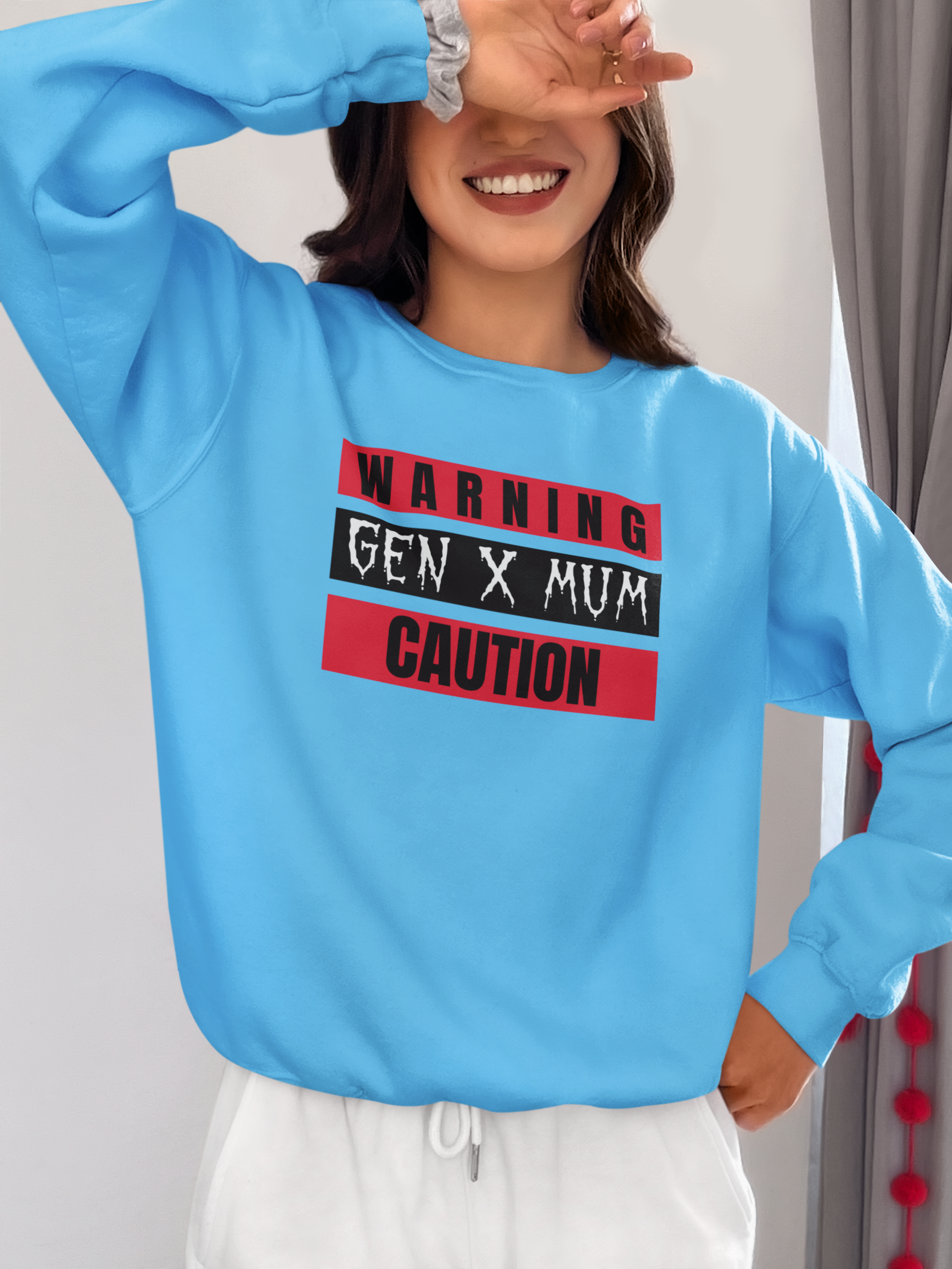 Caution Gen X Mum Sweatshirt - Cozy Crewneck for Modern Moms, Gift for Mother's Day, Quirky Family Sweater, Casual Wear, Everyday Comfort