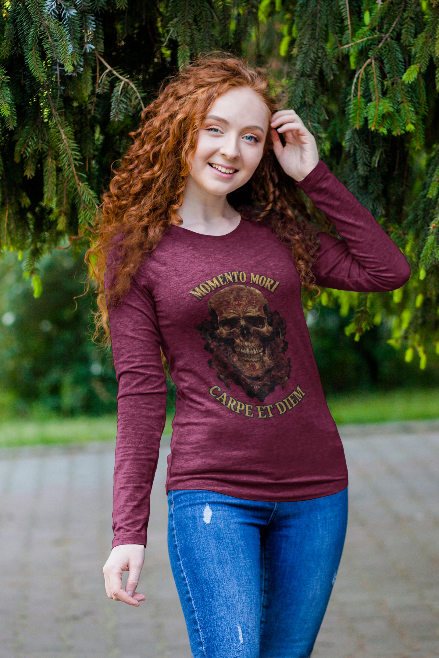 Skull Graphic Long Sleeve Tee, Momento Mori Quote Shirt, Gothic Fashion Top, Unisex Casual Wear, Halloween Apparel, Edgy Gift
