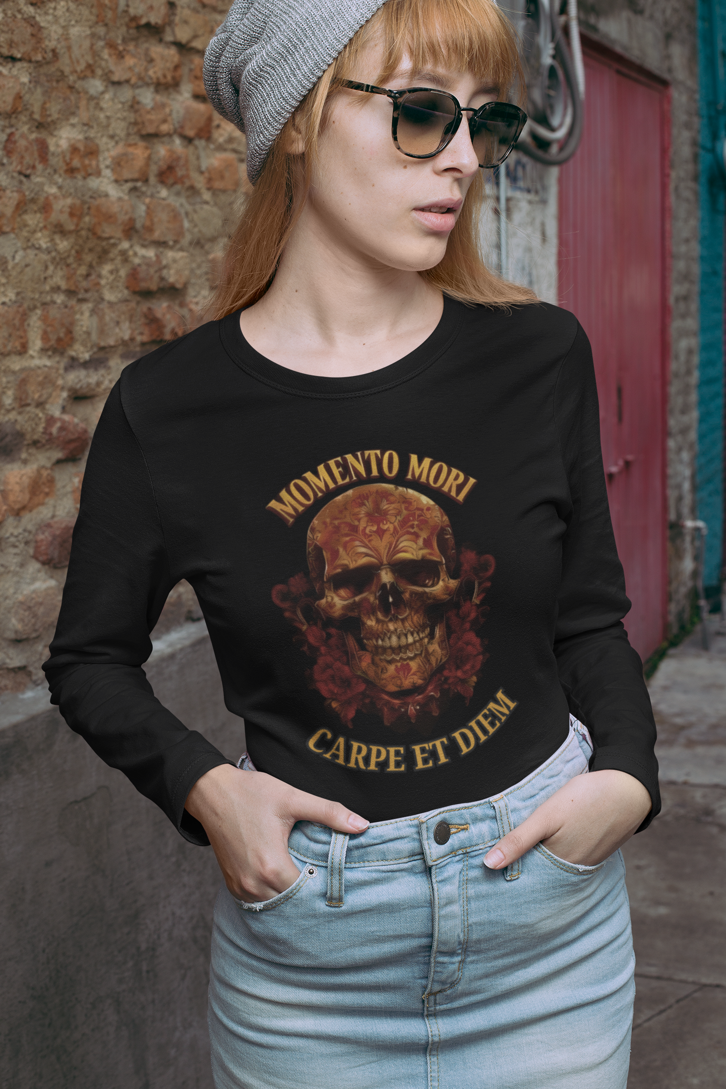 Skull Graphic Long Sleeve Tee, Momento Mori Quote Shirt, Gothic Fashion Top, Unisex Casual Wear, Halloween Apparel, Edgy Gift