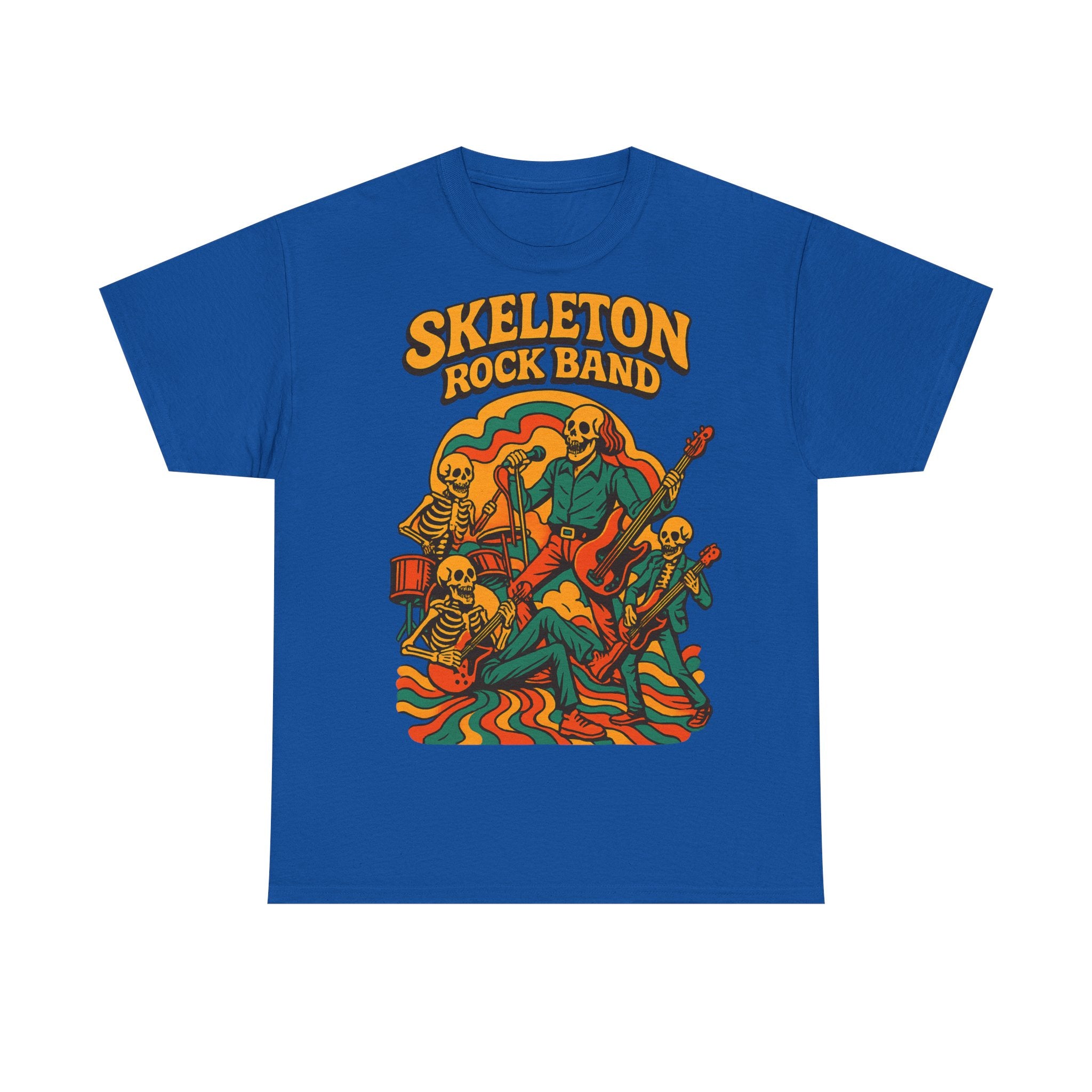 Retro Skeleton Rock Band Tee, Unisex Heavy Cotton Shirt, Halloween Costume, Music Lover Gift, Fun Graphic T-Shirt, Vintage Style Tee